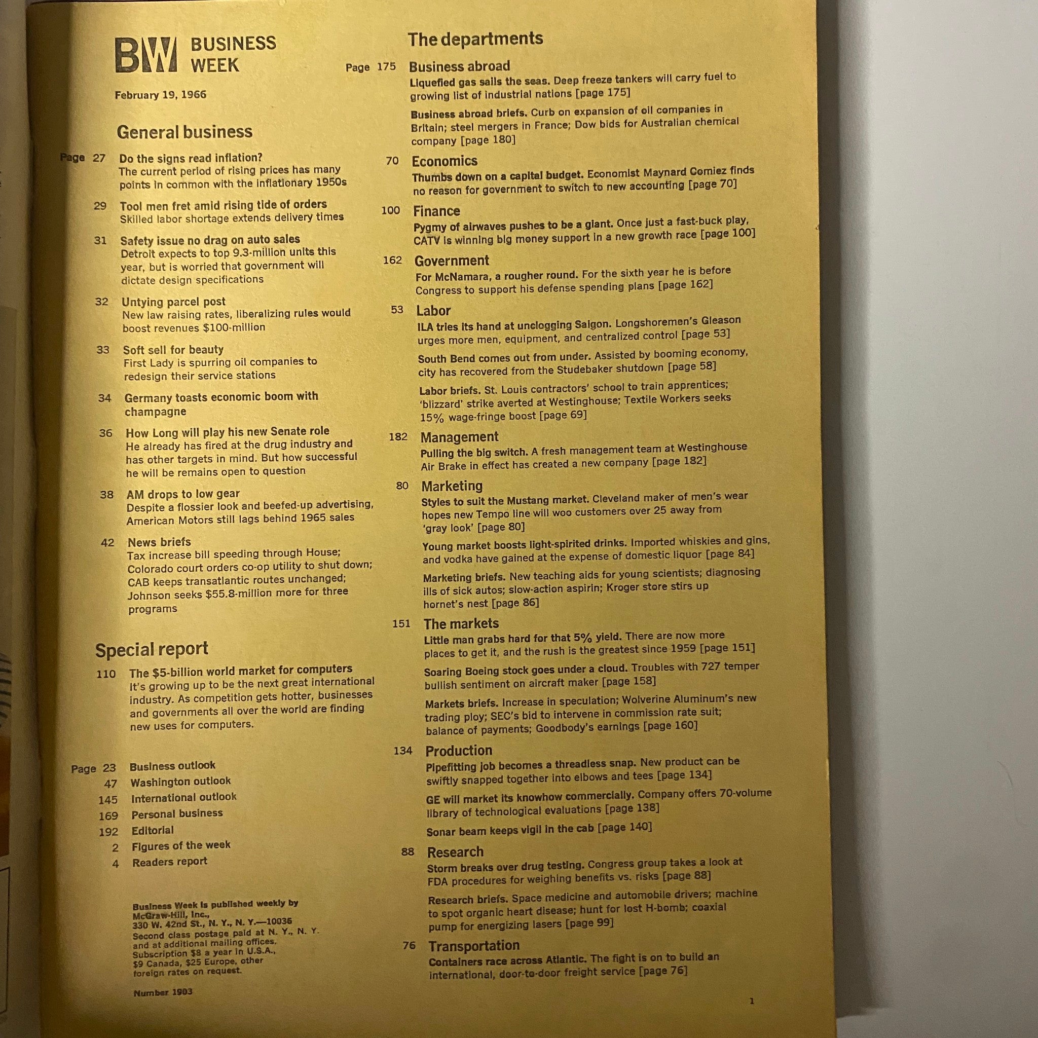 Businessweek Magazine February 19, 1966 The $5 Billion World Market Computers VG