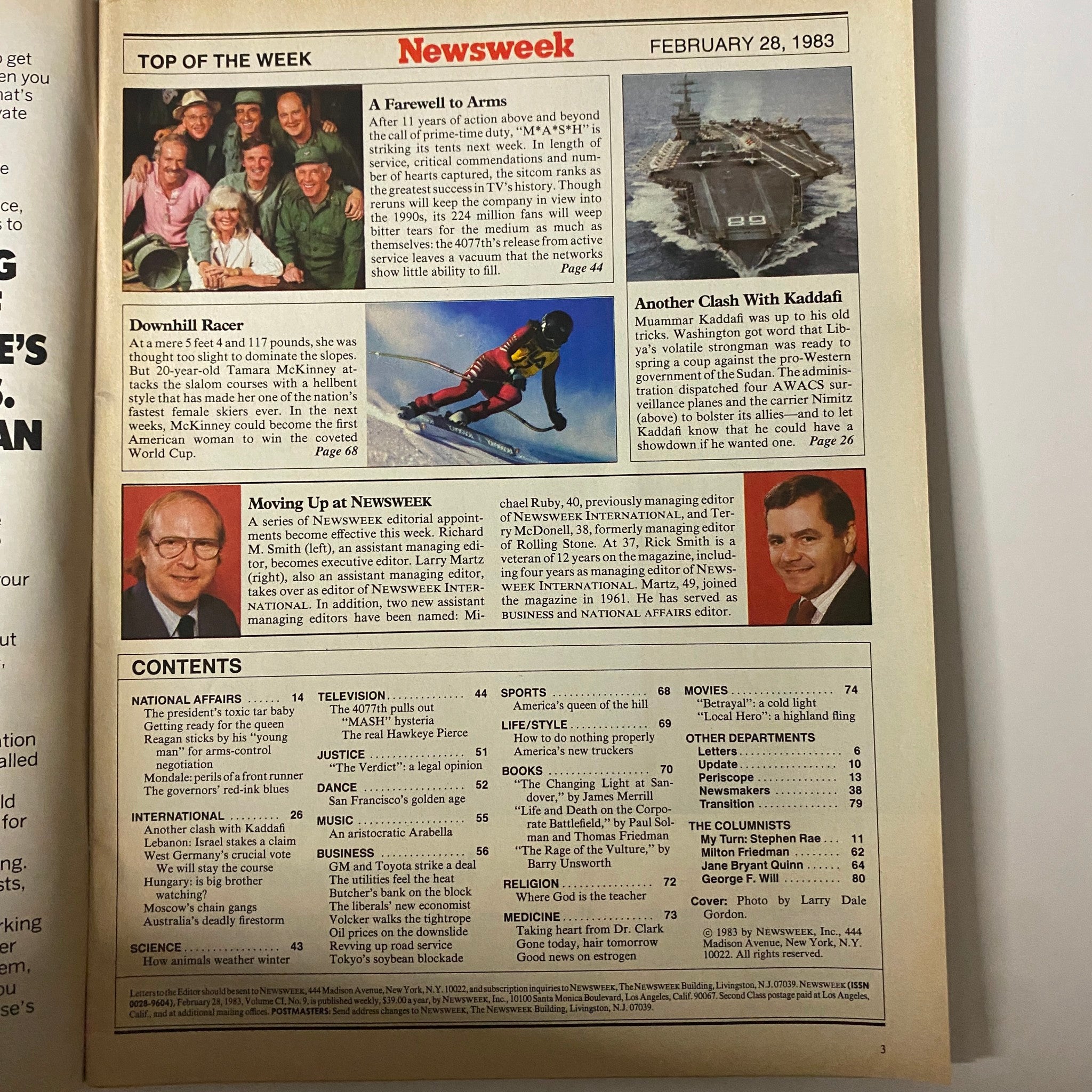 Inside page of Newsweek Magazine from February 28, 1983, highlighting articles including 'A Farewell to Arms' about M*A*S*H and other features like Downhill Racer and political commentary.