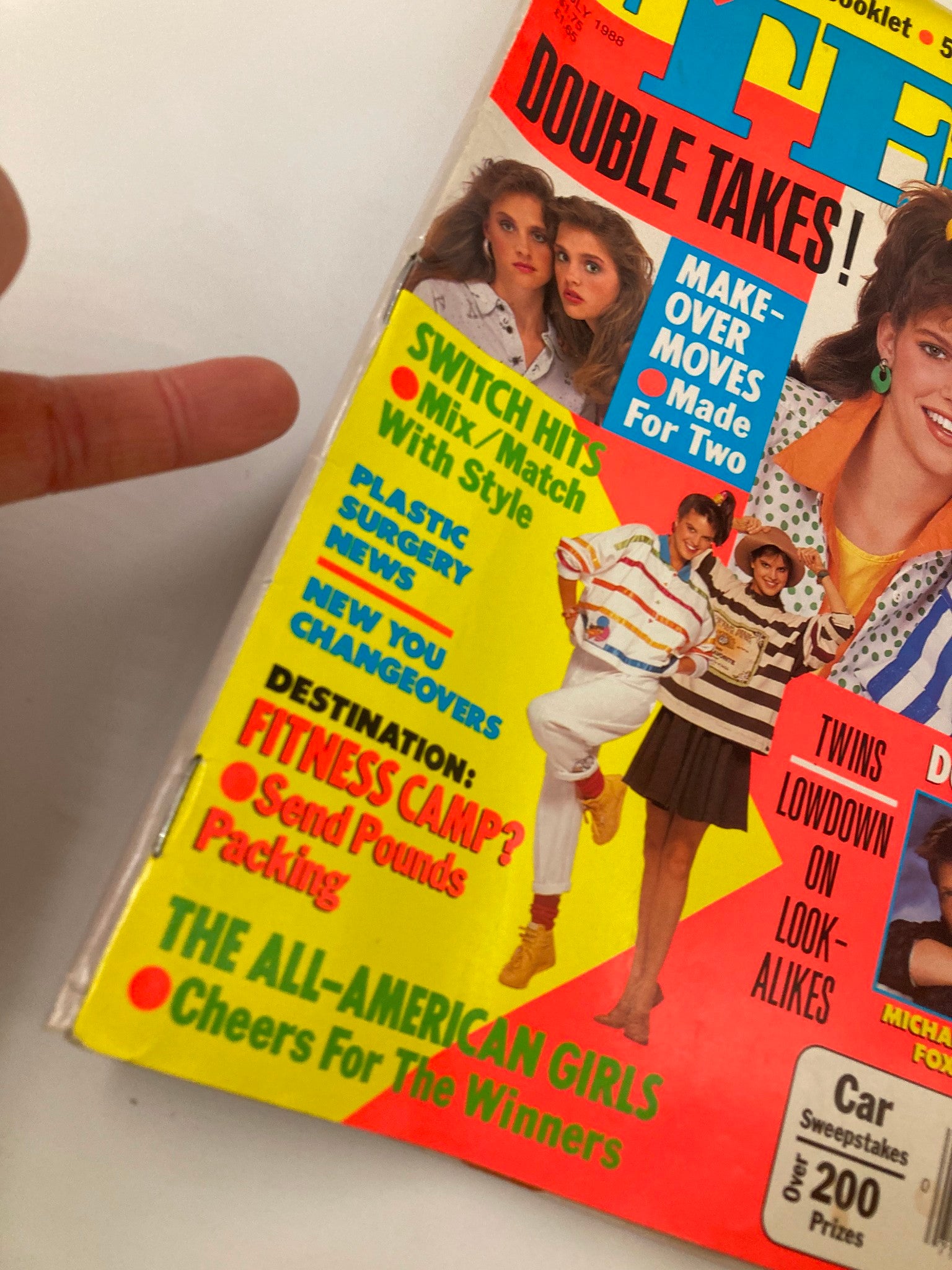 Close-up of the cover of VTG Teen Magazine July 1988 showing taglines about beauty and style, featuring Aimee and Tara Baglietto.