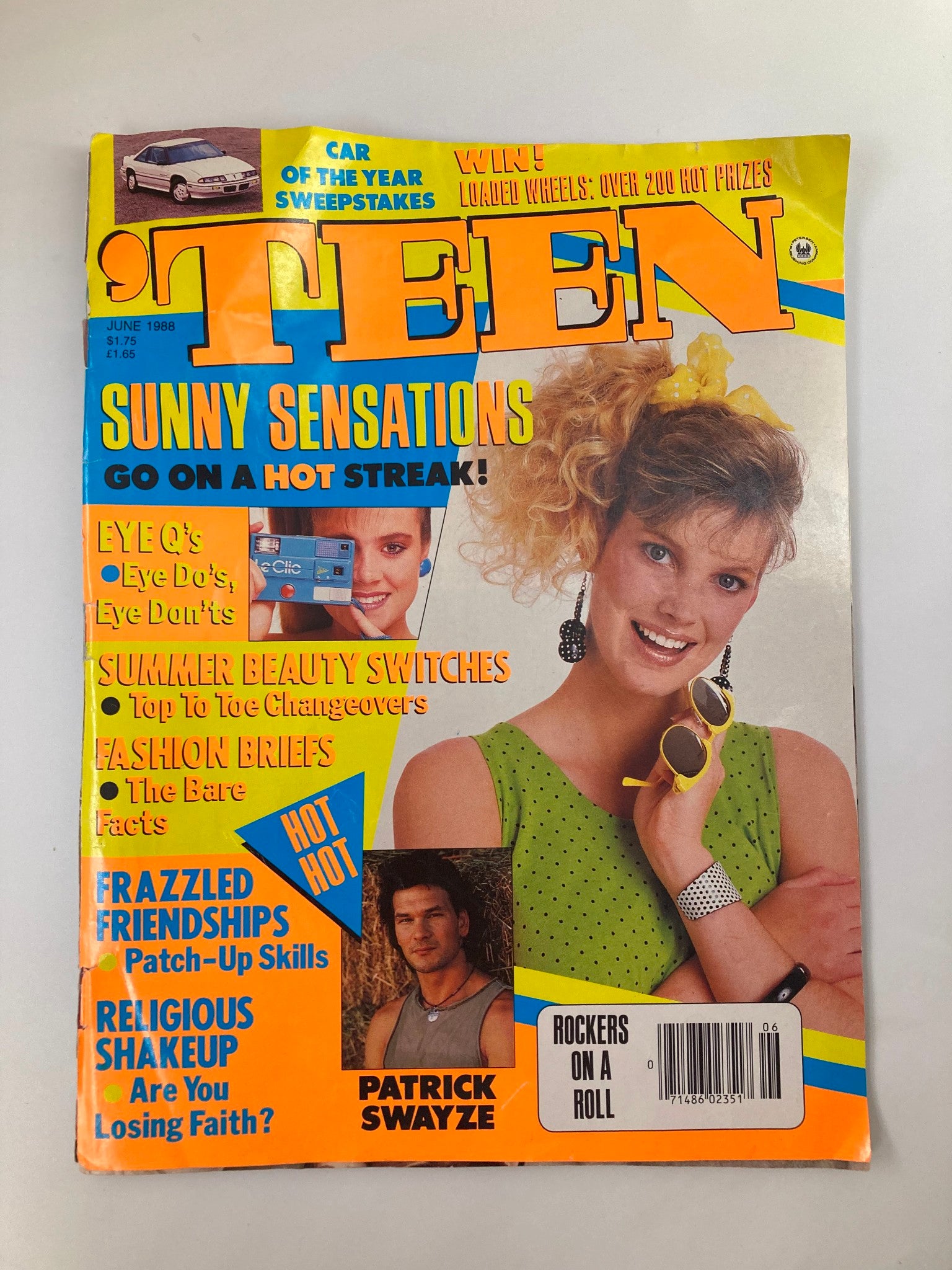 Cover of VTG Teen Magazine June 1988 featuring Patrick Swayze, vibrant colors, and 80s fashion trends. Headlines include 'Sunny Sensations' and 'Rockers On A Roll', showcasing the cultural vibe of the era.