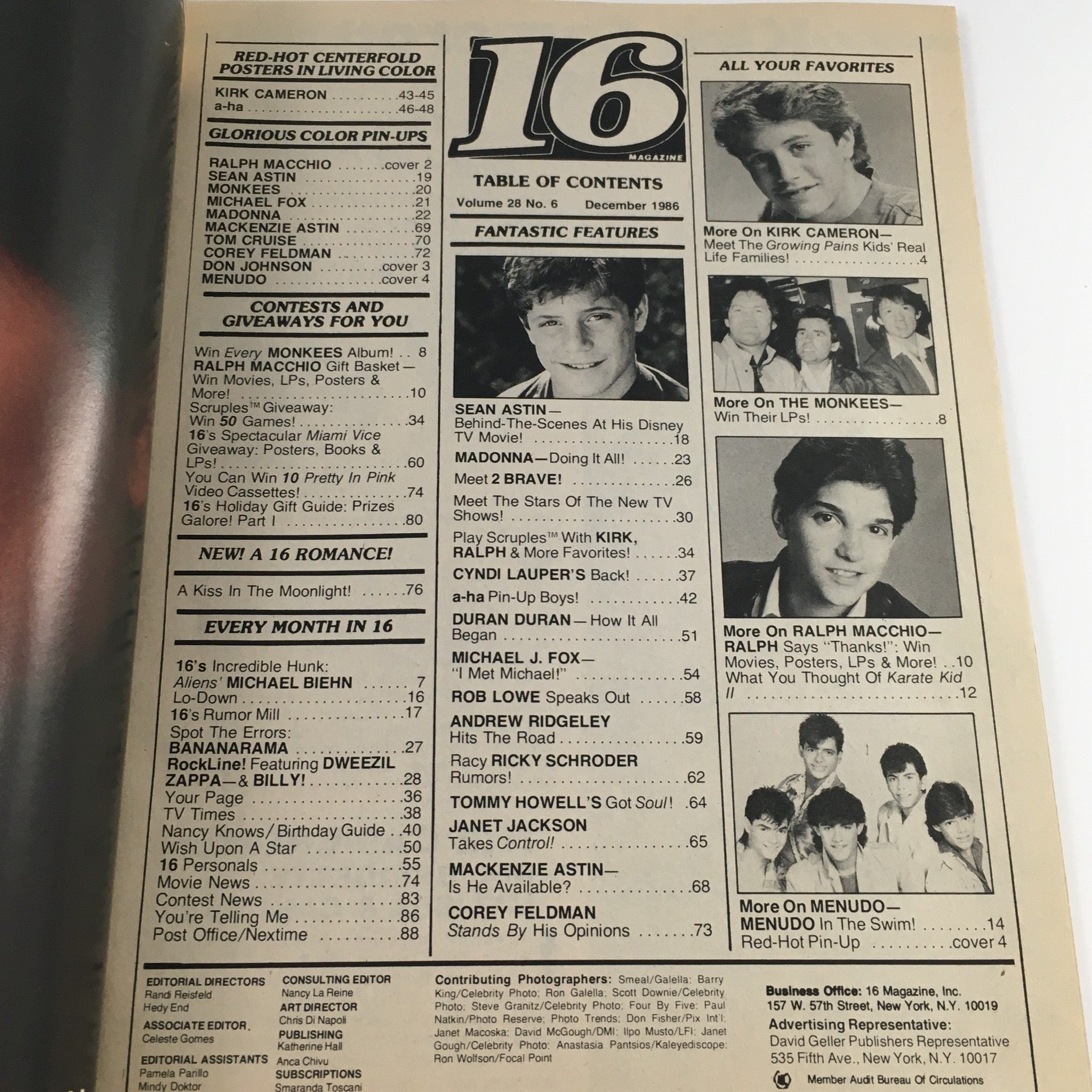 16 Magazine December 1986 A-Ha Band, Kirk Cameron & Ralph Macchio, No Label VG