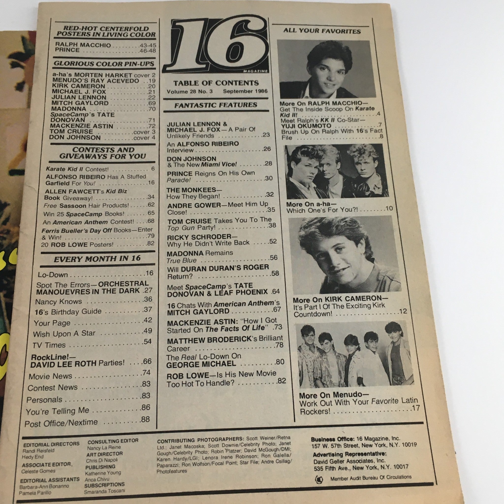 16 Magazine September 1986 Menudo & A-Ha Band, Ralph Macchio Feature, No Label