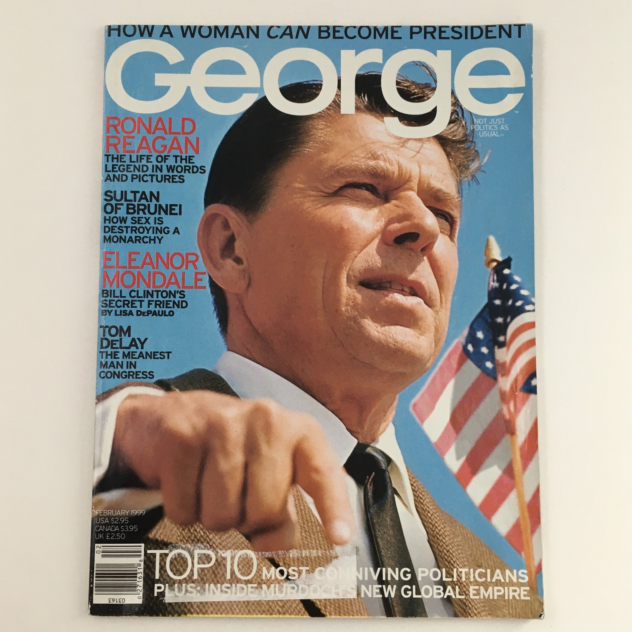George Magazine February 1999 cover featuring Ronald Reagan, Eleanor Mondale, and Tom DeLay, showcasing political themes and a vintage magazine aesthetic.