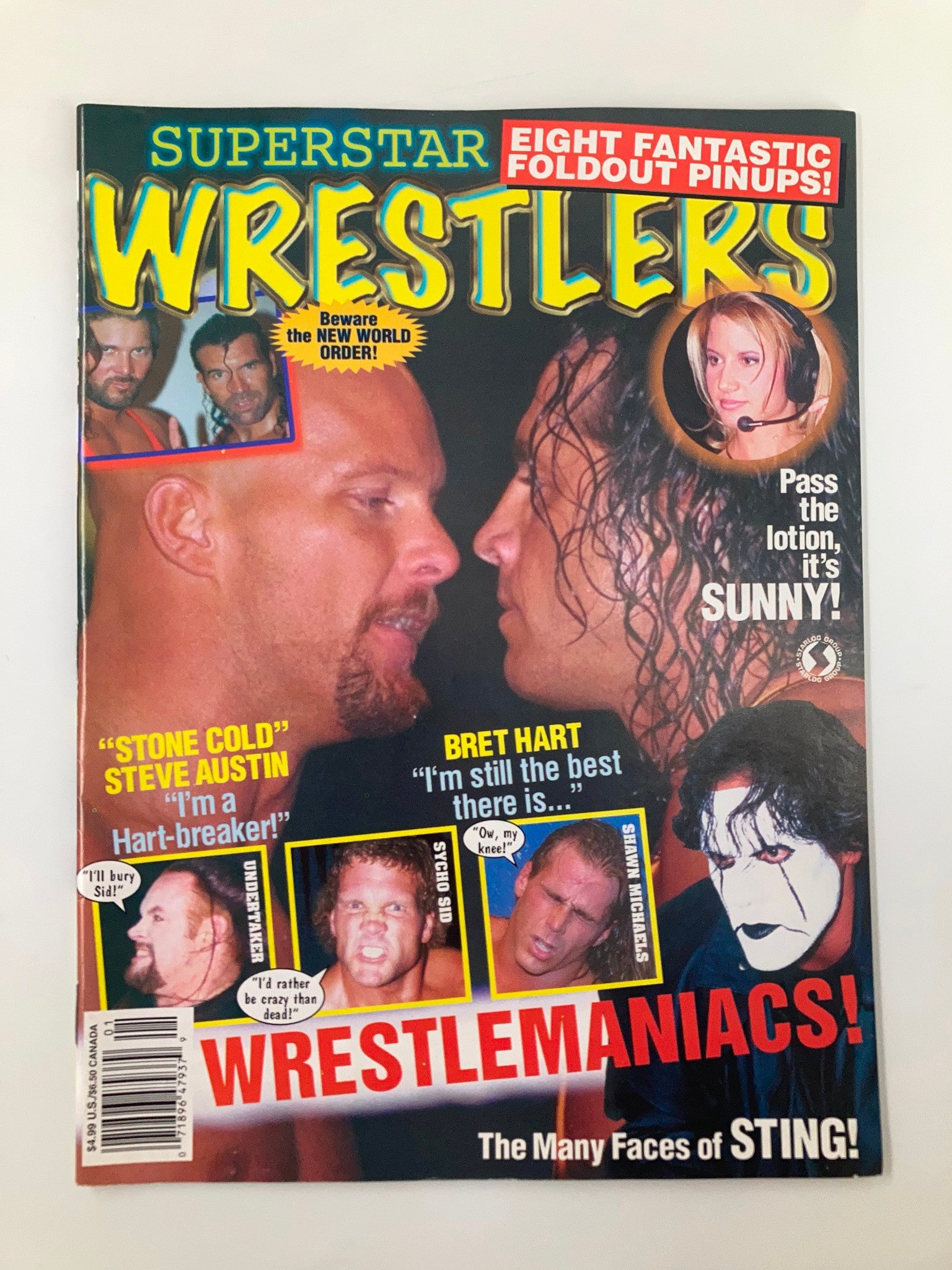 Cover of Superstar Wrestlers 1997 featuring Lex Luger, Sting, Steve Austin, and Bret Hart. The magazine showcases iconic images from wrestling events with bold text announcing 'Wrestlemaniacs!' and various pinup features.
