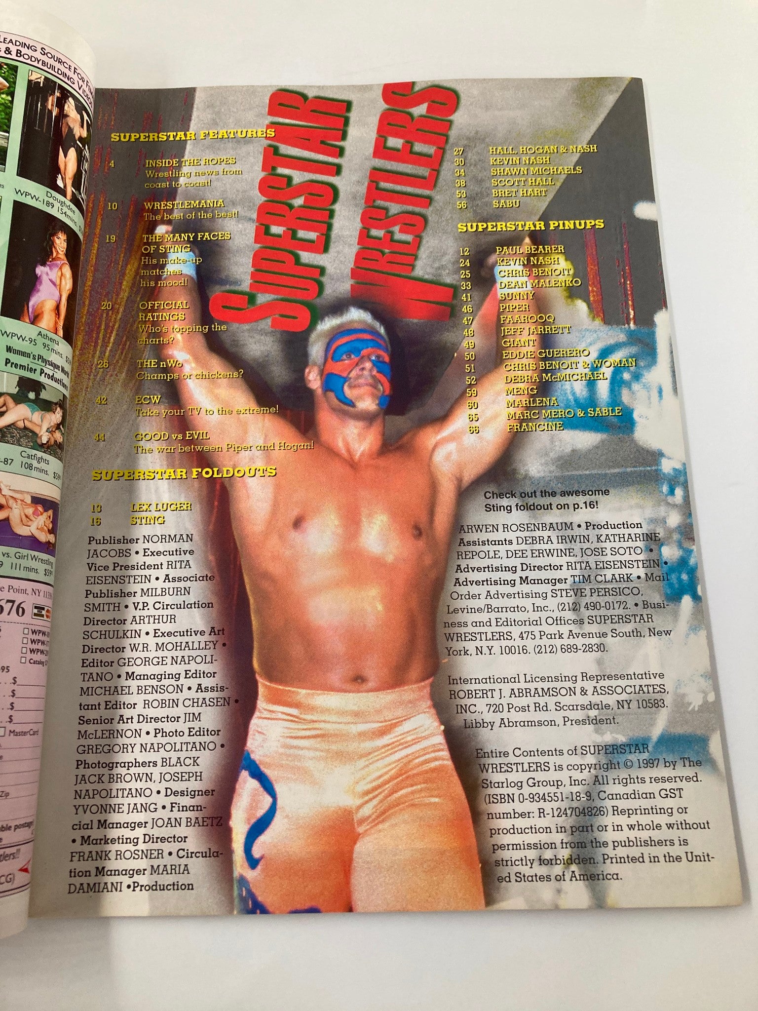 Inside page of Superstar Wrestlers 1997 magazine highlighting Lex Luger with bold graphics. The page includes a listing of superstars and pinups, showcasing the vibrant design typical of wrestling publications from the era.