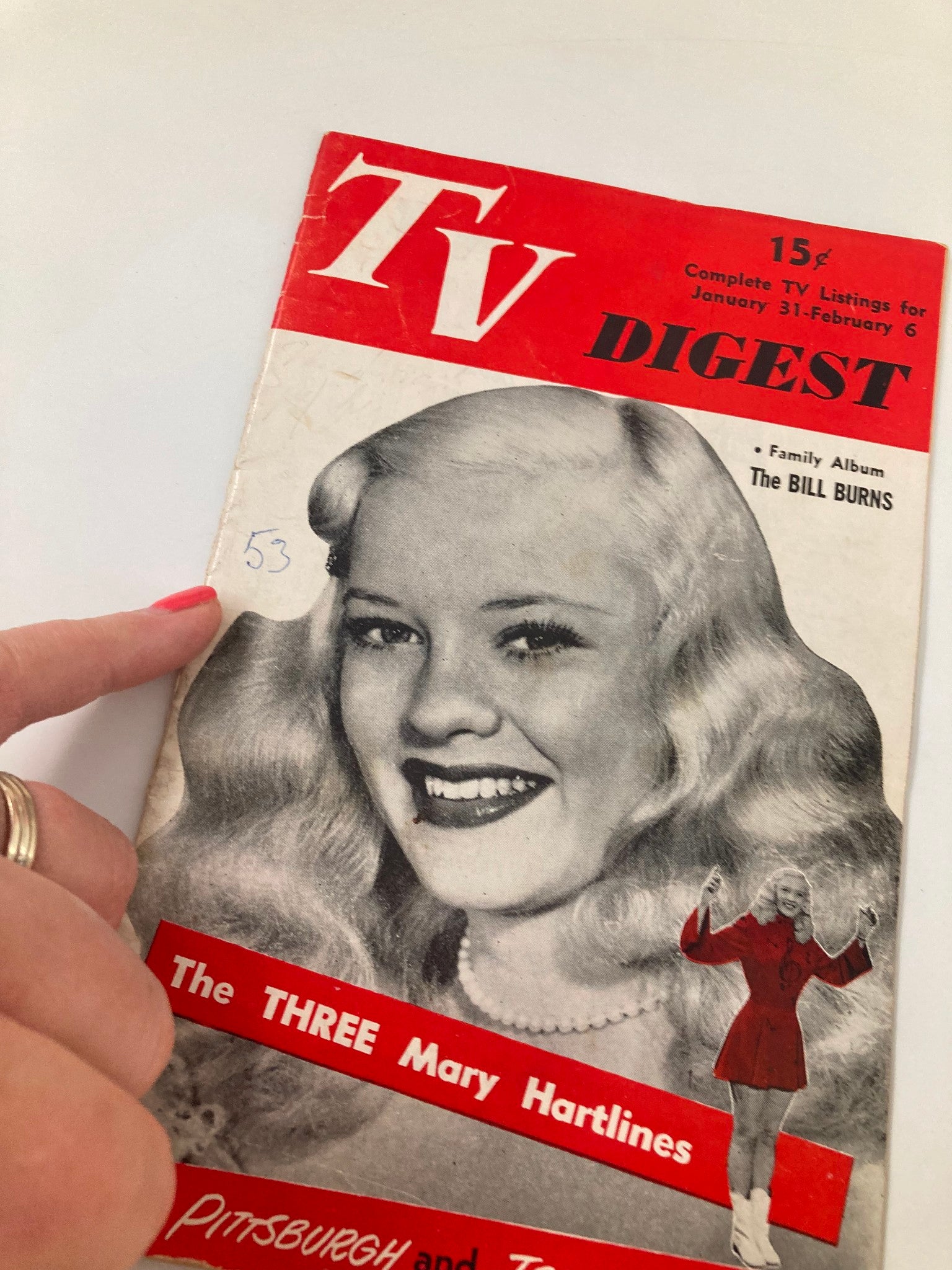 Close-up of TV Digest Magazine January 31 1953 cover with Mary Hartline, showcasing information about the Three Mary Hartlines.