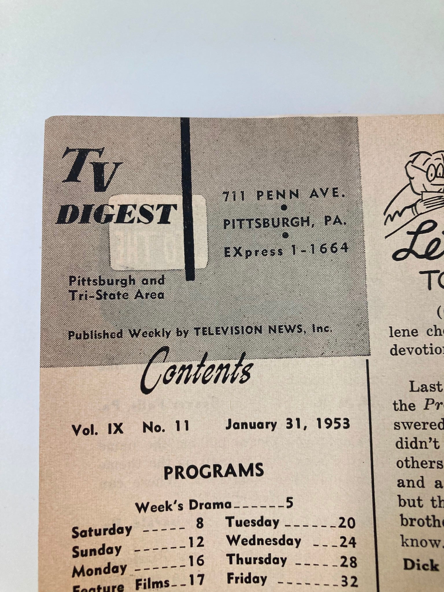 Close-up of the contents page from TV Digest Magazine January 31, 1953, featuring publication details such as volume and issue number, broadcast schedule, and program listings for Pittsburgh and Tri-State Area.