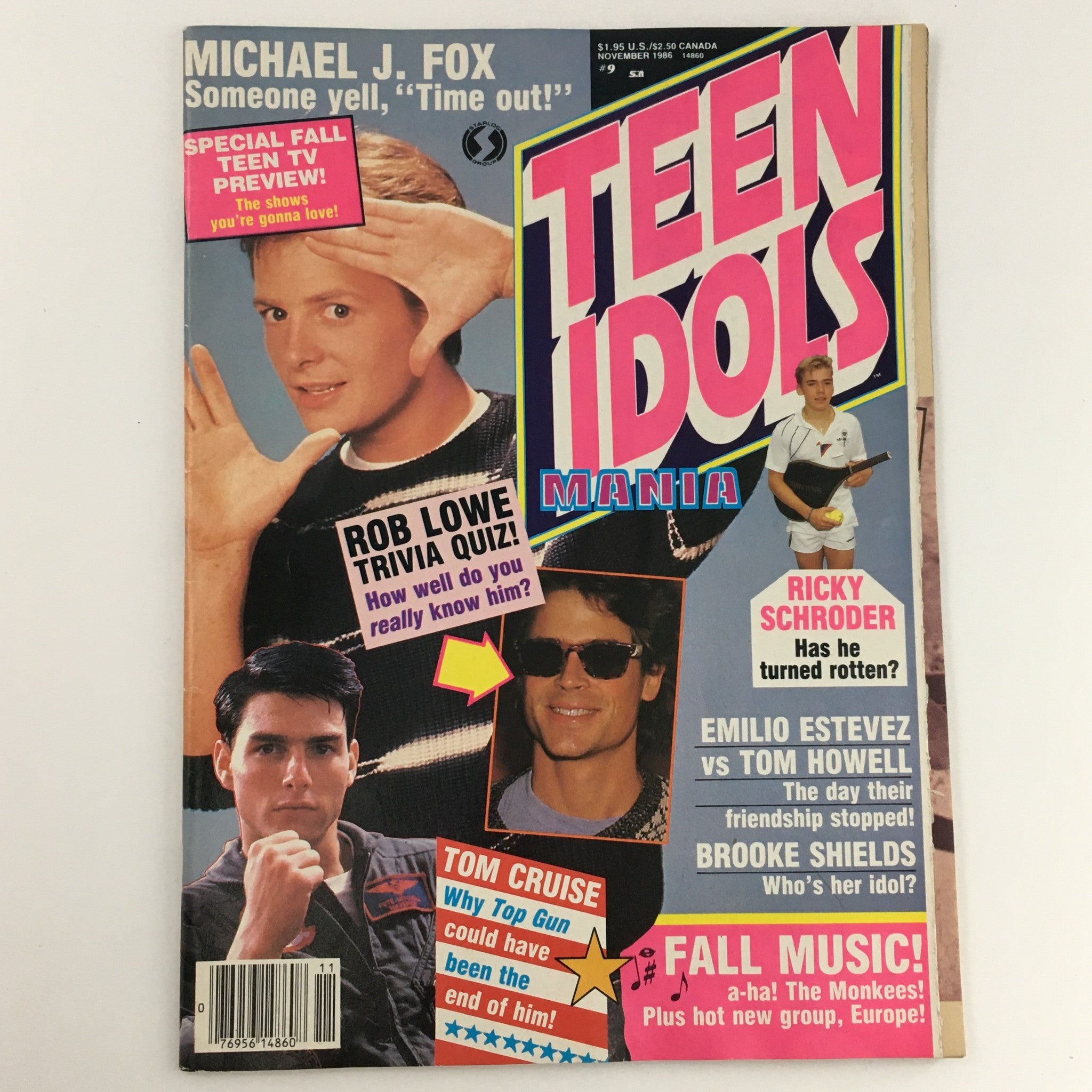 Teen Idols Mania Magazine November 1986 cover featuring Rob Lowe and Ricky Schroder, highlighting Michael J. Fox and special fall preview.