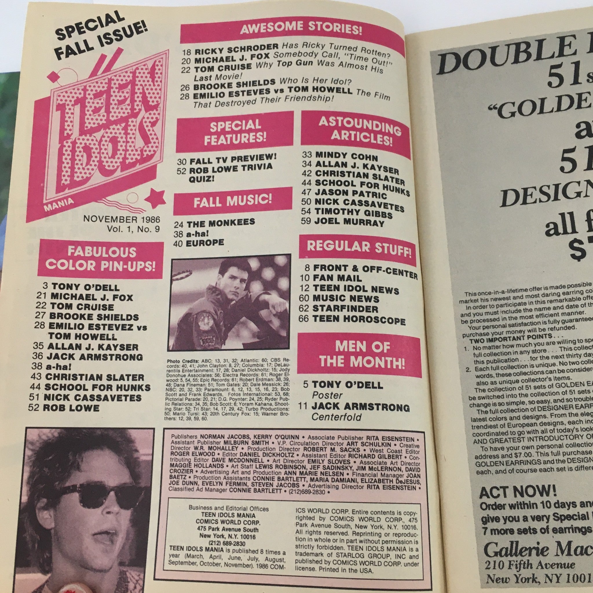 Inside page of Teen Idols Mania Magazine November 1986 showcasing articles about Ricky Schroder, Michael J. Fox, and other teen stars.