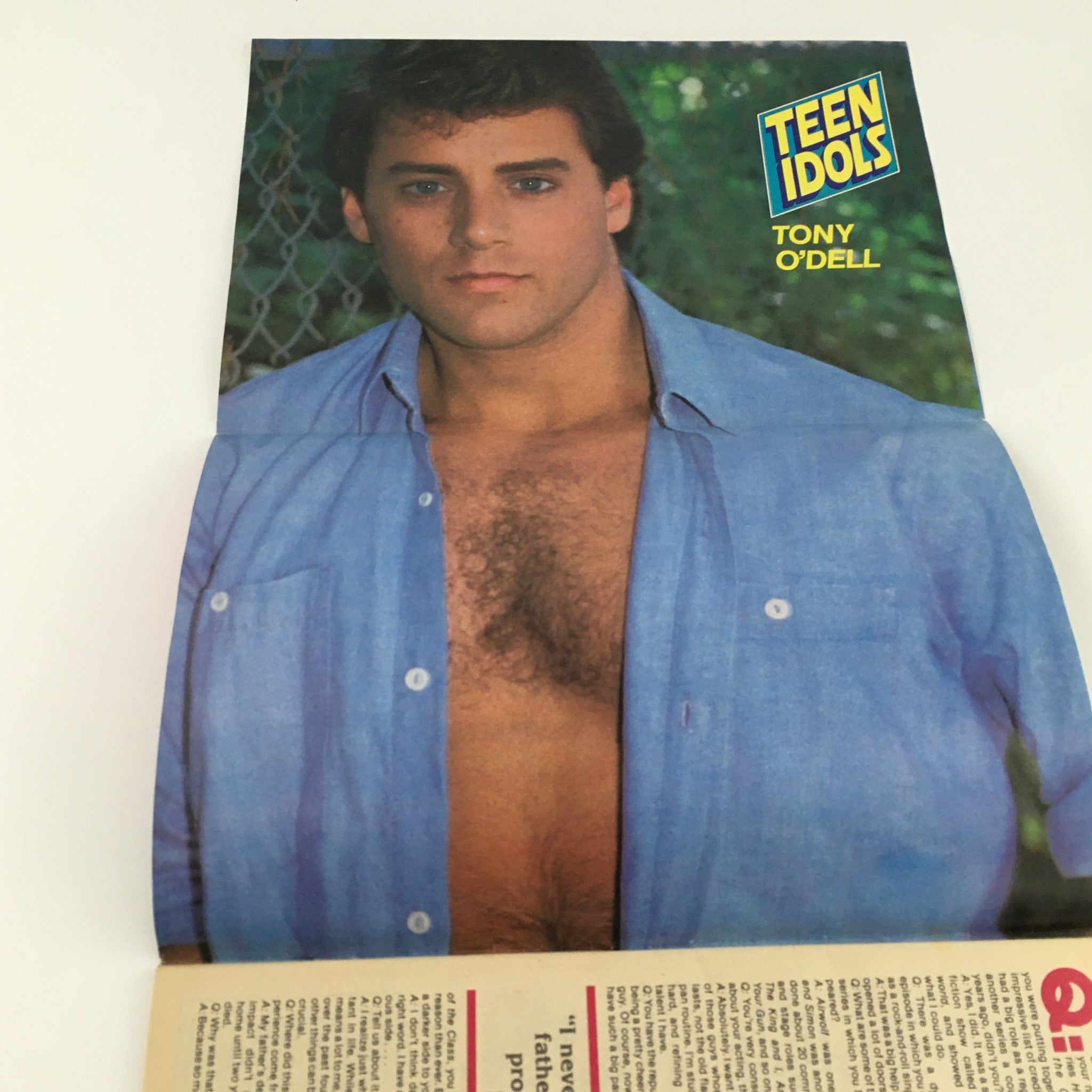 Fold-out poster from Teen Idols Mania Magazine November 1986 featuring Tony O'Dell in a casual blue shirt, highlighting his appeal as a teen idol.