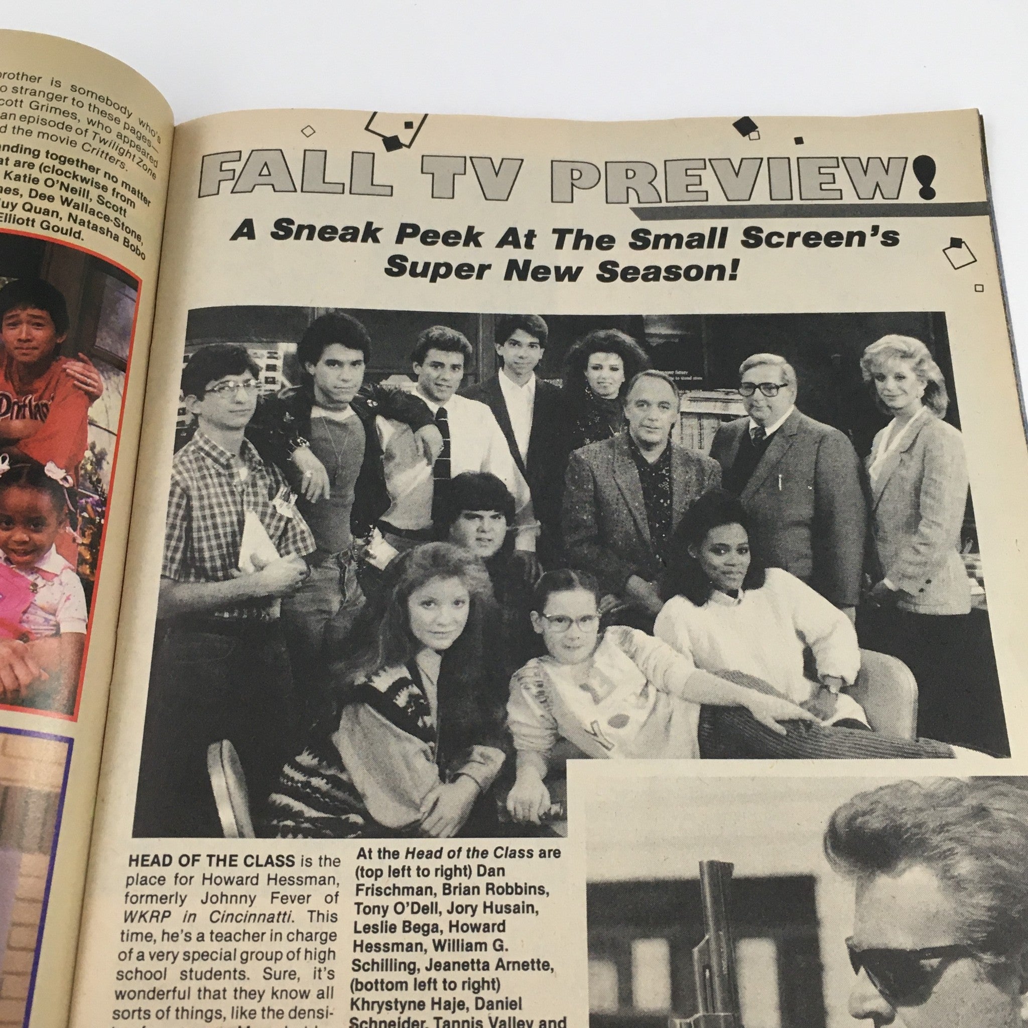 Teen Idols Mania Magazine November 1986 previewing popular TV shows of the era with a group photo of cast members, capturing the essence of 80s television.
