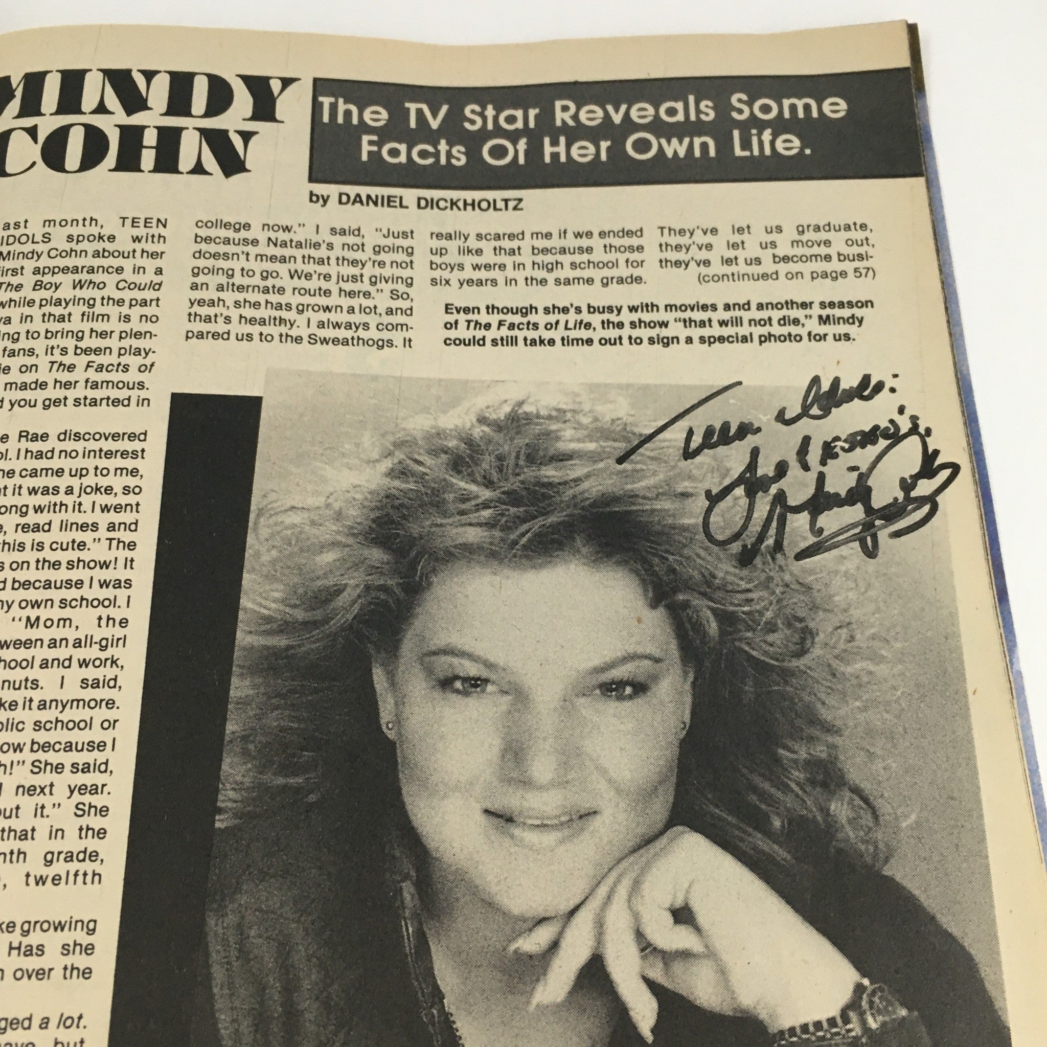 Mindy Cohn featured in Teen Idols Mania Magazine November 1986, revealing personal facts in an article by Daniel Dickholtz with an authentic autograph.
