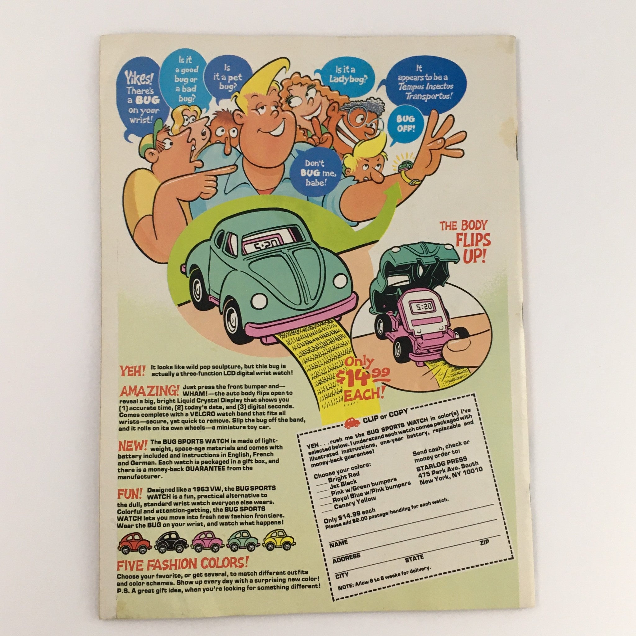 Back cover of Teen Idols Mania Magazine November 1986 showcasing a colorful advertisement for the Bug Sports Watch, designed like a 1963 VW bug and featuring fun characters.