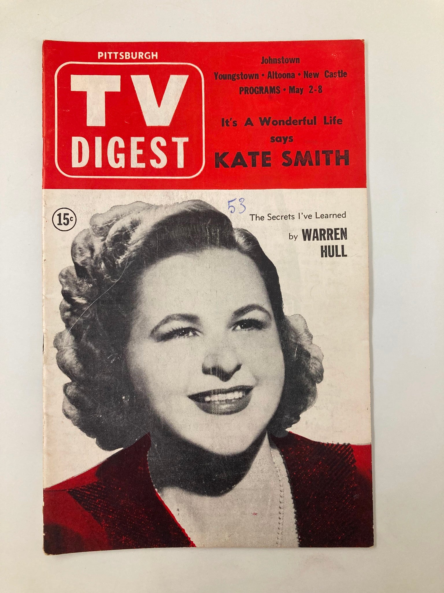Vintage TV Digest Magazine cover from May 2, 1953 featuring Kate Smith, Pittsburgh/Tri-State Edition, showcasing nostalgic television history.