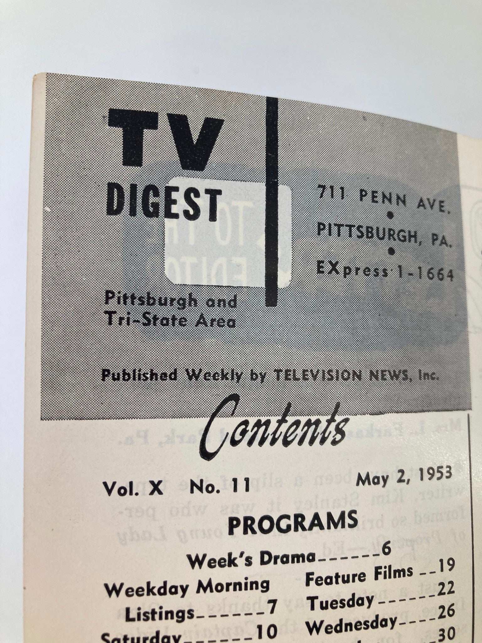 Contents page of TV Digest Magazine May 2, 1953 displaying episode listings and featured articles, highlighting the era's entertainment.
