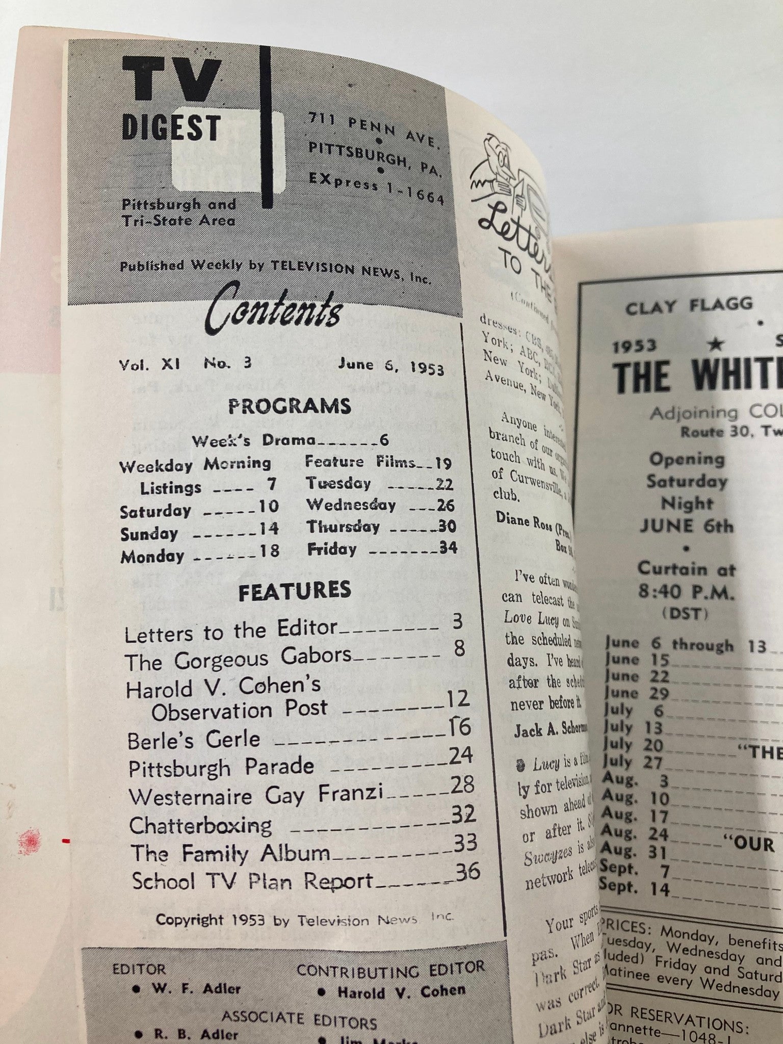 Contents page of TV Digest Magazine June 6, 1953 showing program listings and features including 'The Gorgeous Gabors' and other television-related content.