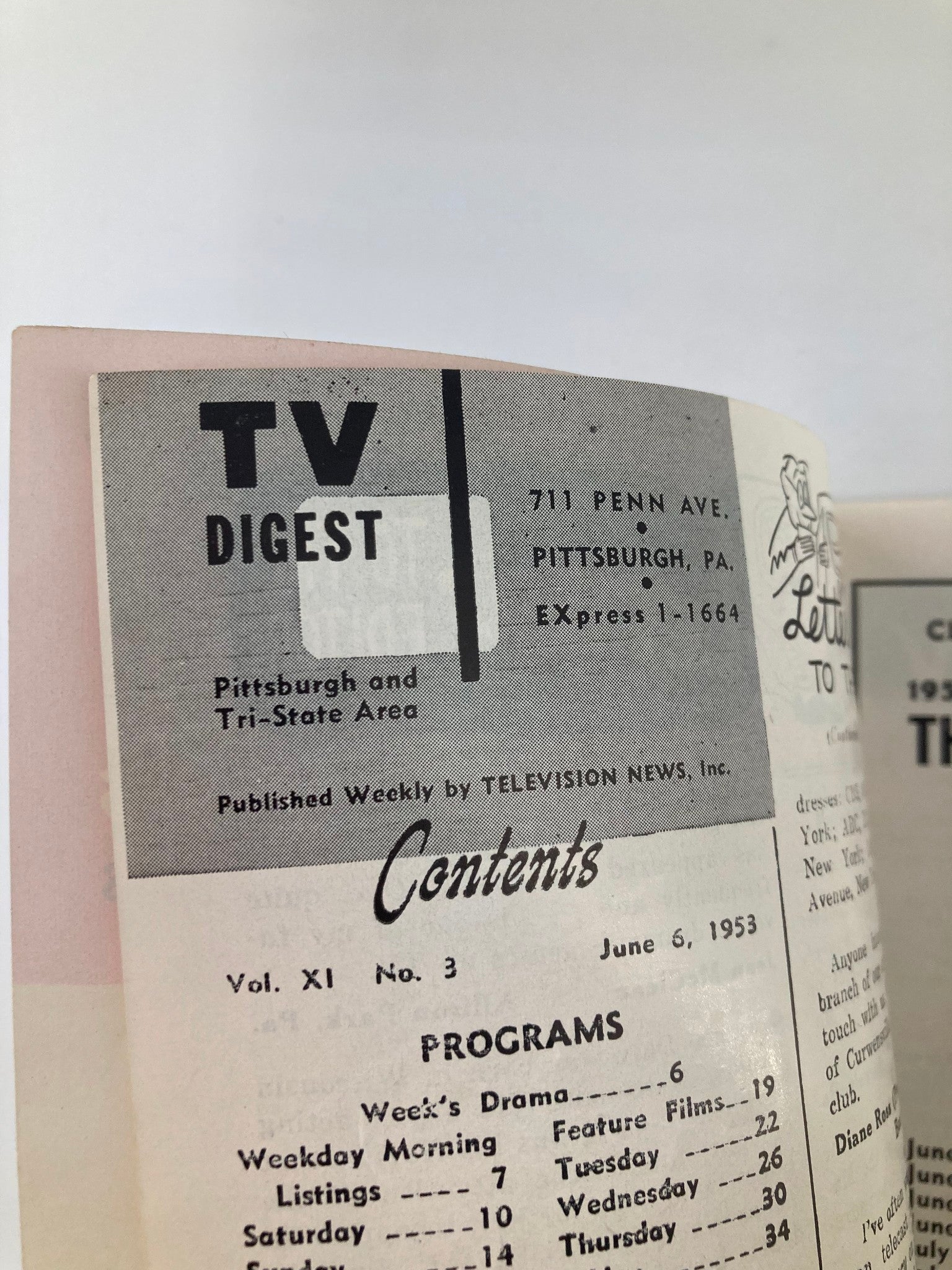 Interior page of TV Digest Magazine June 6 1953 featuring contents and program listings, published for Pittsburgh and Tri-State area, showcasing historical television programming.