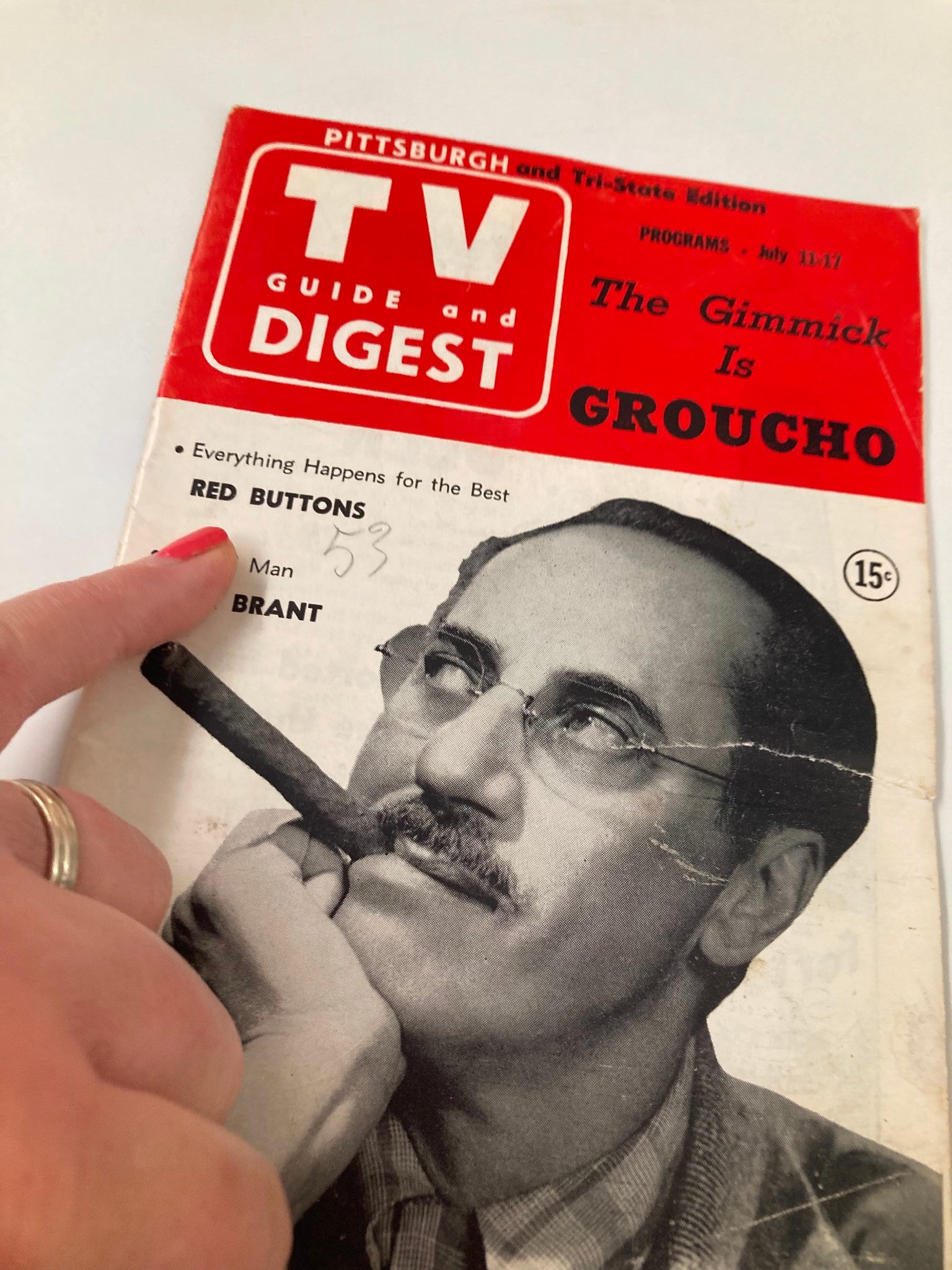 Close-up of TV Digest Magazine cover from July 11, 1953, highlighting Groucho Marx with text 'The Gimmick Is Groucho'.