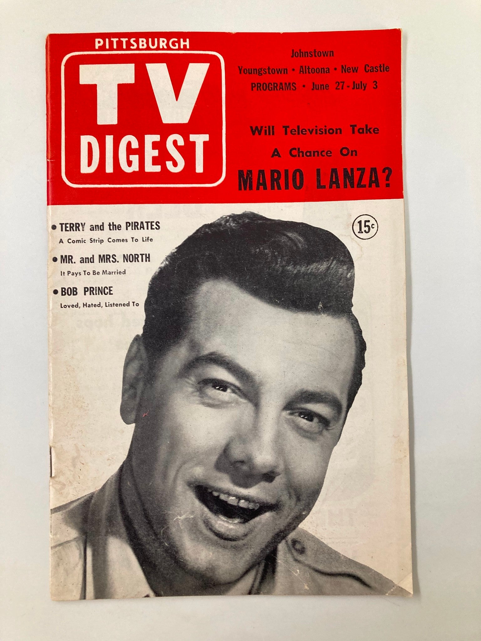 TV Digest Magazine cover from June 27, 1953 featuring Mario Lanza. The vibrant red background includes the magazine title and a question about Lanza's potential on television.