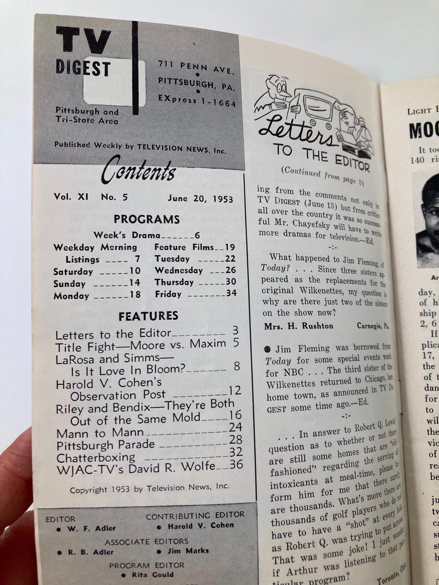 TV Digest Magazine June 20 1953 cover image featuring the contents including programs and features of the Pittsburgh/Tri-State edition.