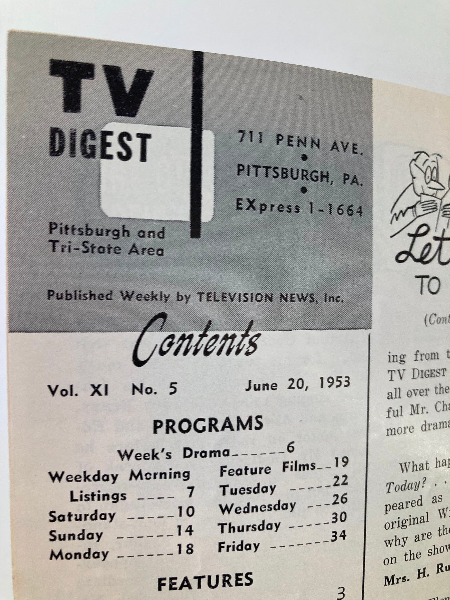 Close-up view of the TV Digest Magazine June 20 1953 cover showing program listings and editorial details from the Pittsburgh/Tri-State edition.