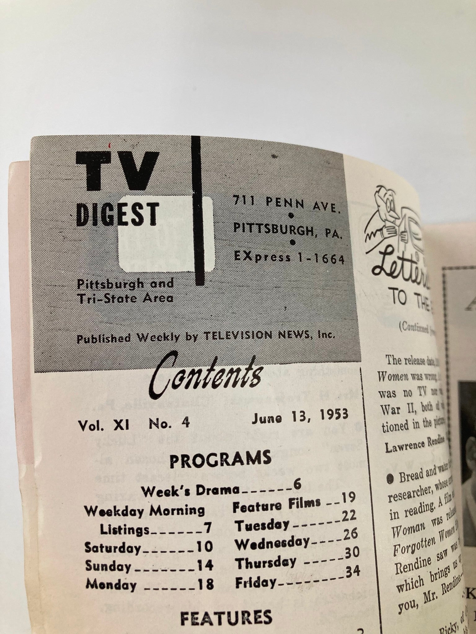 Another view of the Table of Contents from TV Digest Magazine June 13, 1953, listing articles and programs, emphasizing the content quality and structure of vintage publications.
