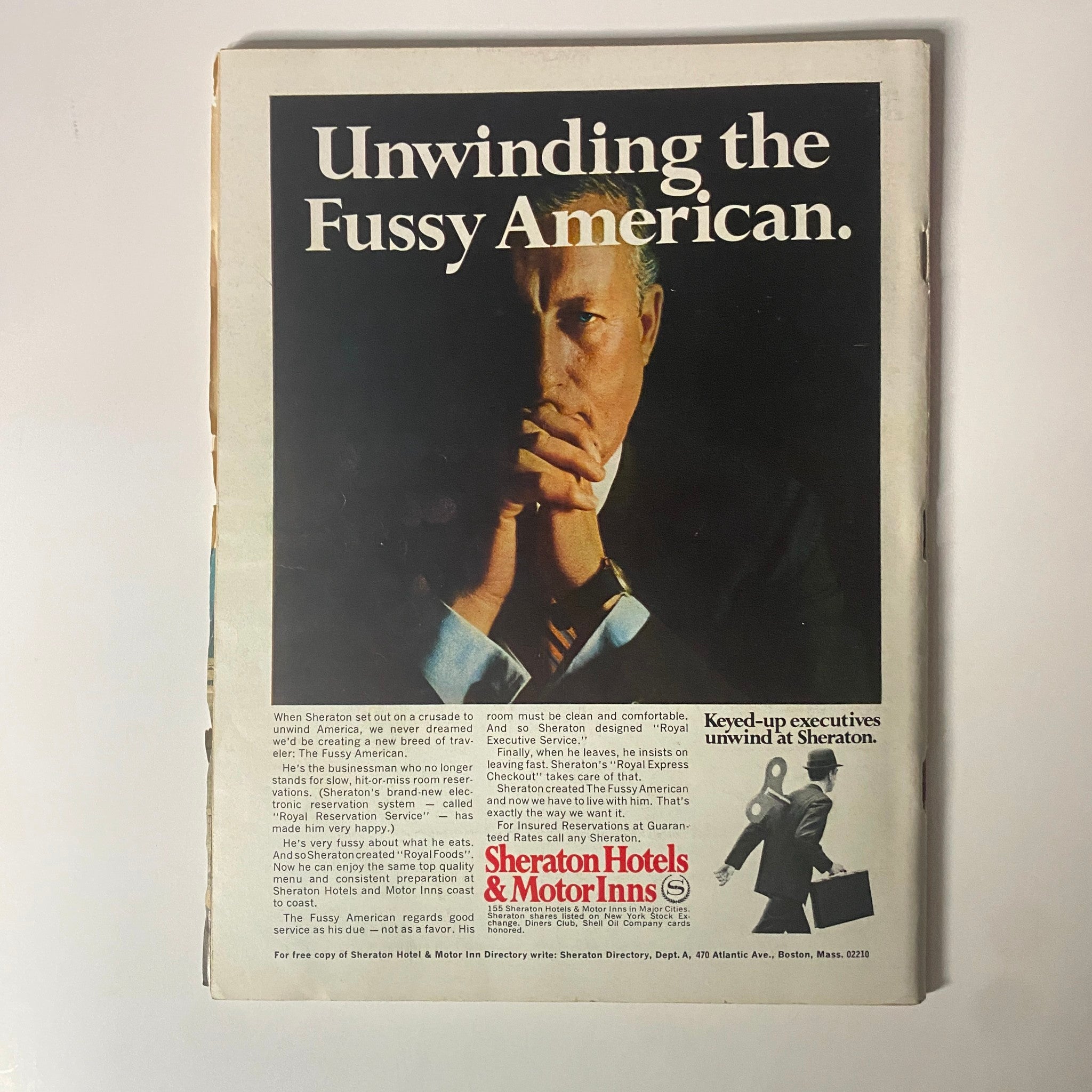 Advertisement titled 'Unwinding the Fussy American' from Time Magazine October 6, 1967, Vol 90 No. 14, promoting Sheraton Hotels and Motor Inns with a focus on customer service for travelers.
