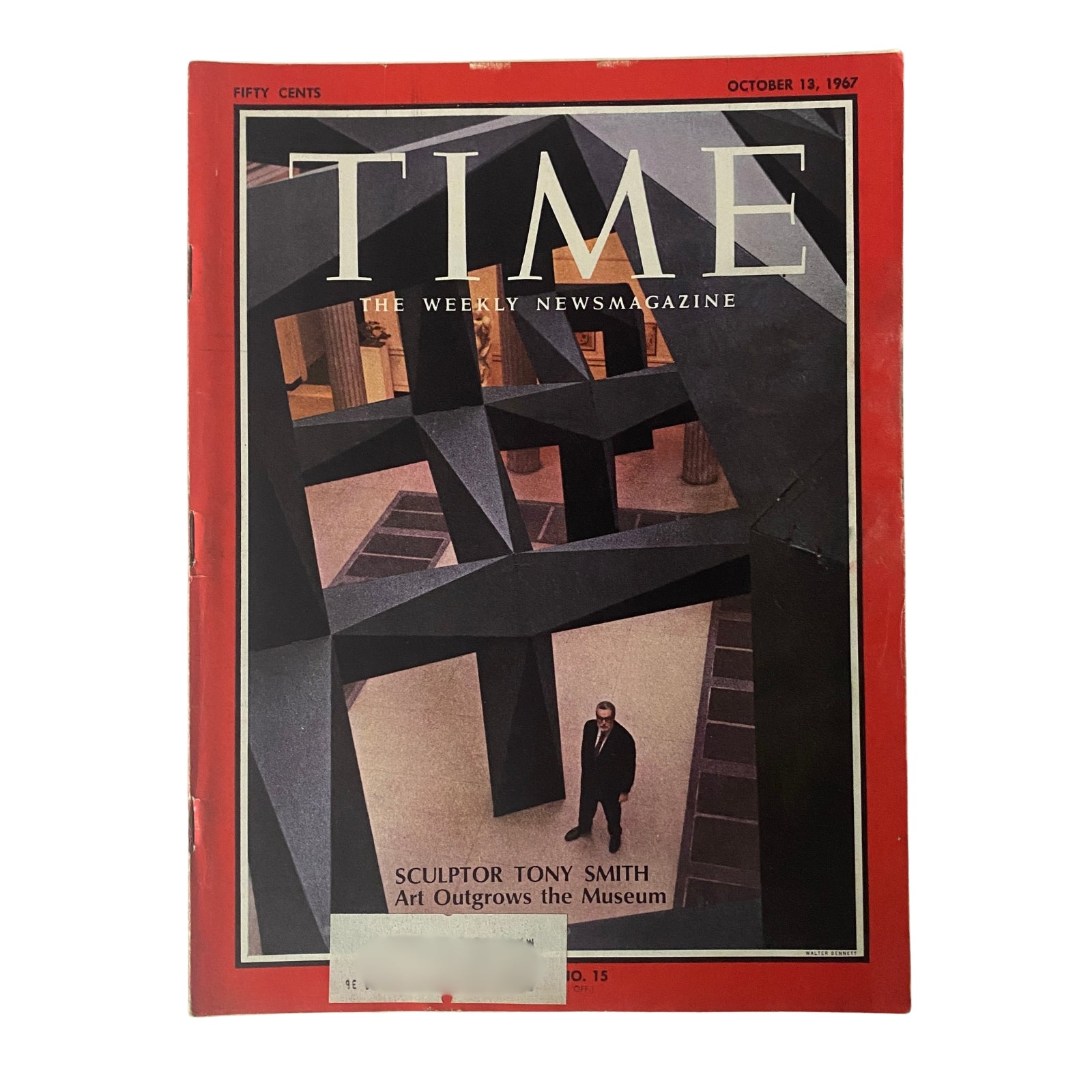 Cover of Time Magazine, October 13, 1967, featuring sculptor Tony Smith and the headline 'Art Outgrows the Museum'. The cover showcases geometric sculptures, emphasizing modern art.