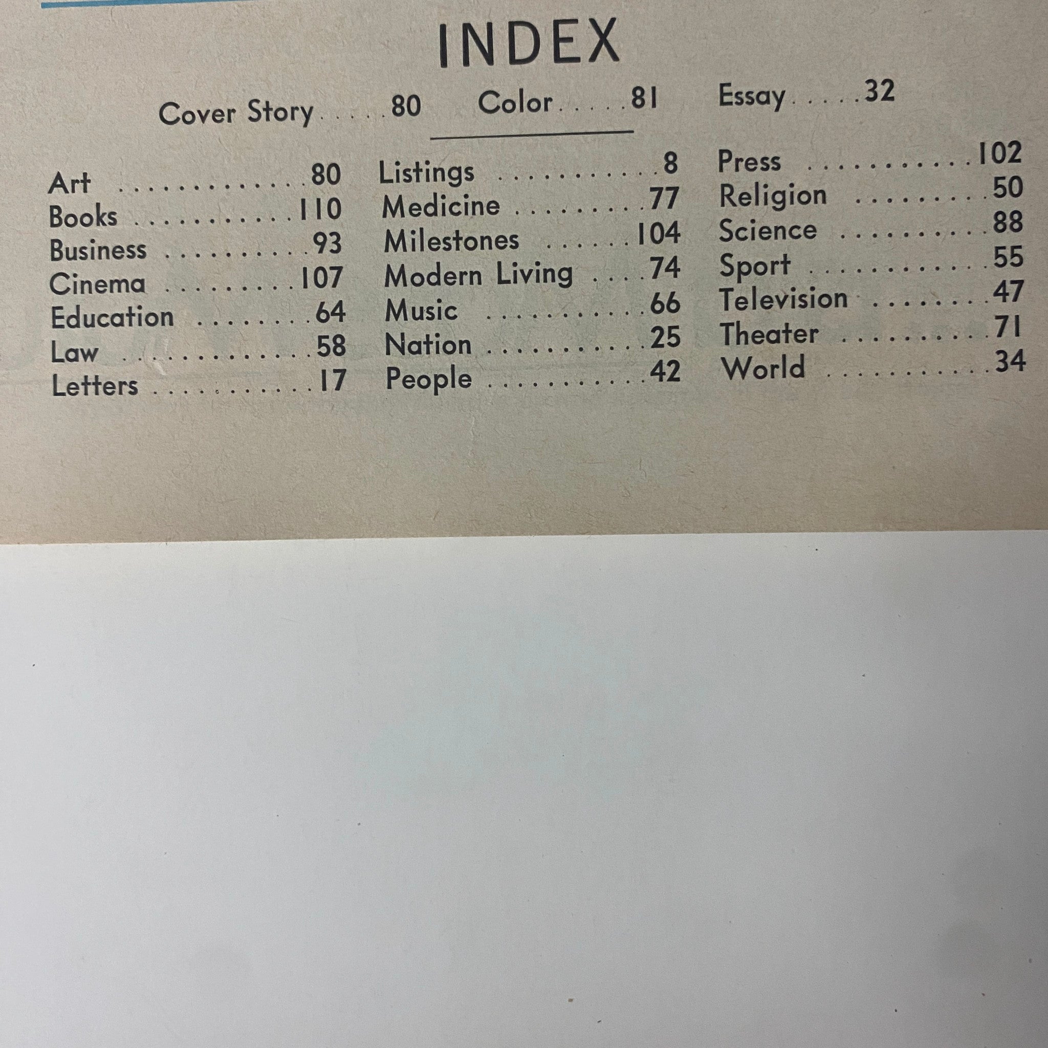 The index page of Time Magazine from October 13, 1967, listing topics such as Art, Music, and Medicine. This page provides an overview of the magazine's content.