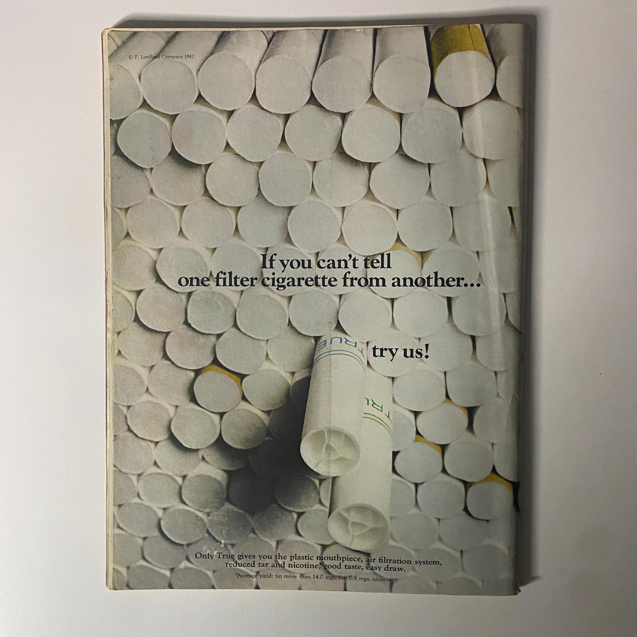 Back cover of Time Magazine, October 13, 1967, featuring an advertisement for True cigarettes, emphasizing the uniqueness of their filter design.