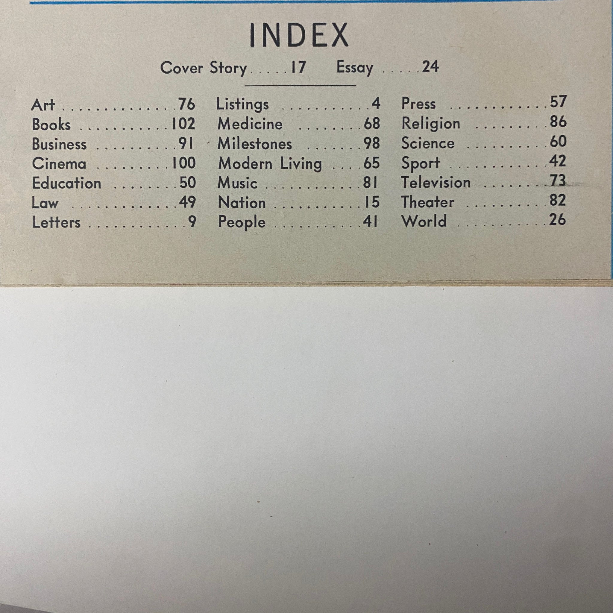 Index page of Time Magazine Vol 90 No. 16, dated October 20, 1967, listing article topics such as Art, Books, Business, and more.