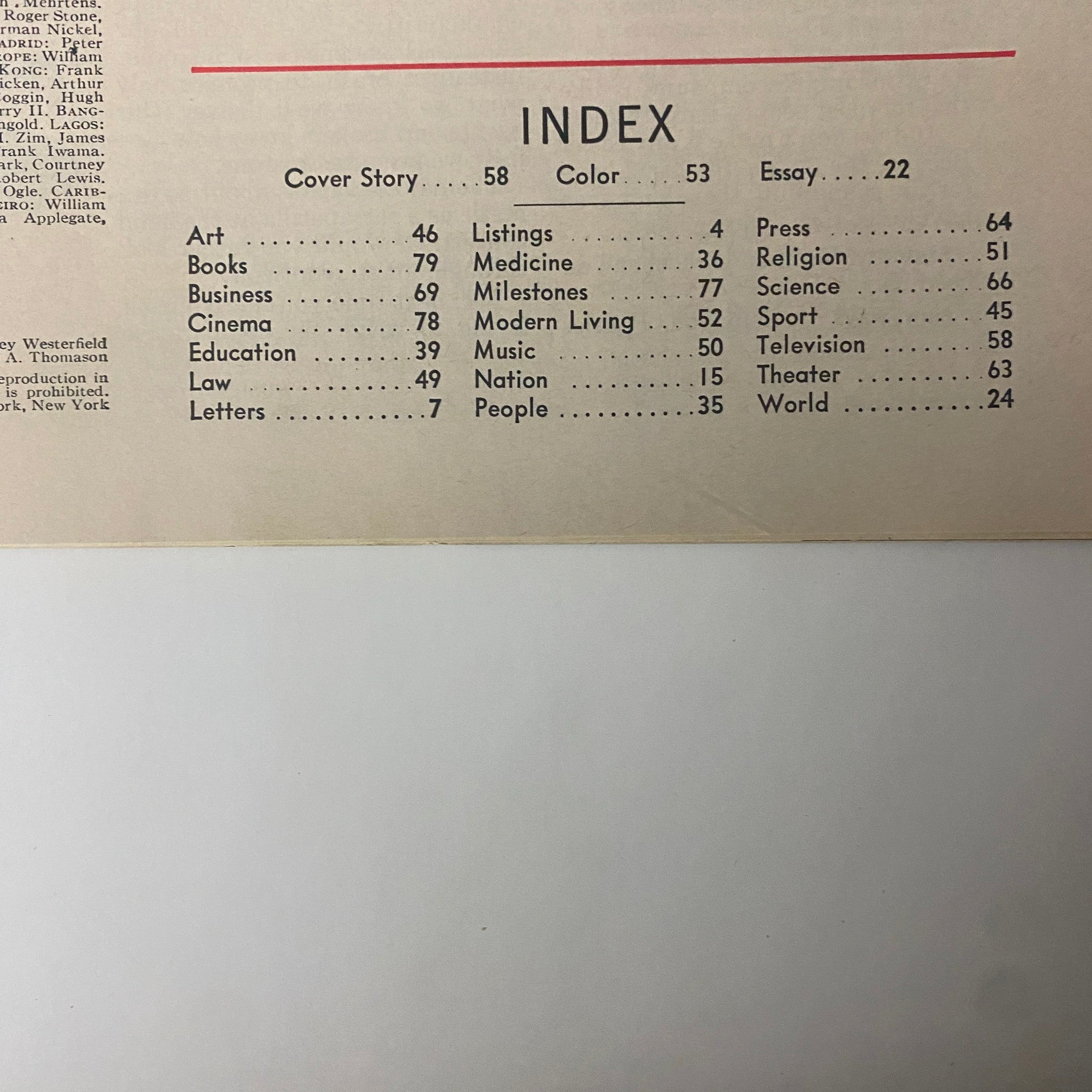 Index page of Time Magazine December 22, 1967, outlining key articles including the cover story on Bob Hope and Christmas in Vietnam.