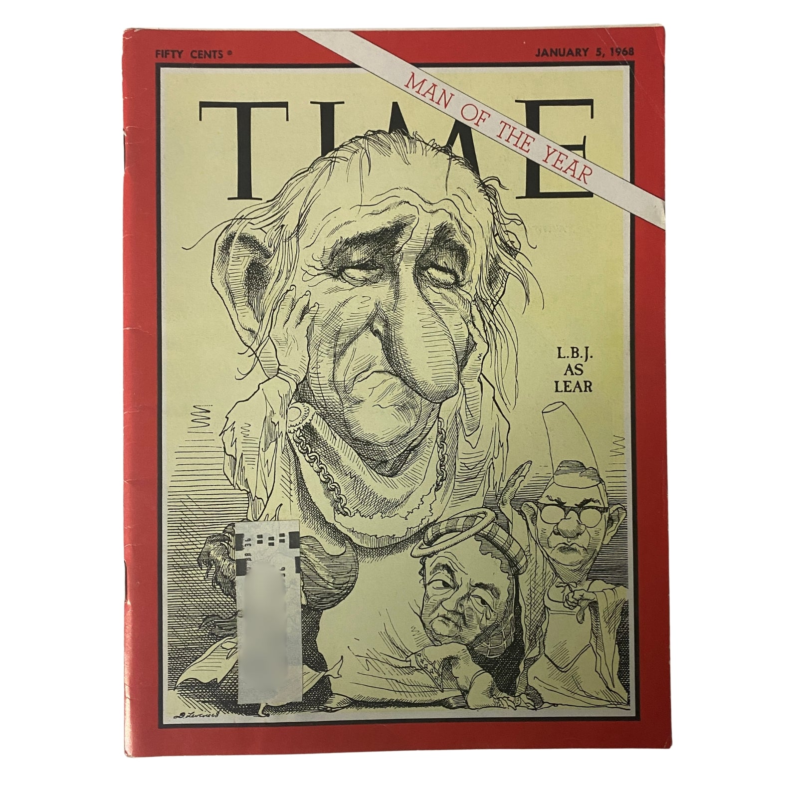 Cover of Time Magazine, January 5, 1968 featuring Lyndon B. Johnson illustrated as King Lear with the headline 'Man of the Year'.