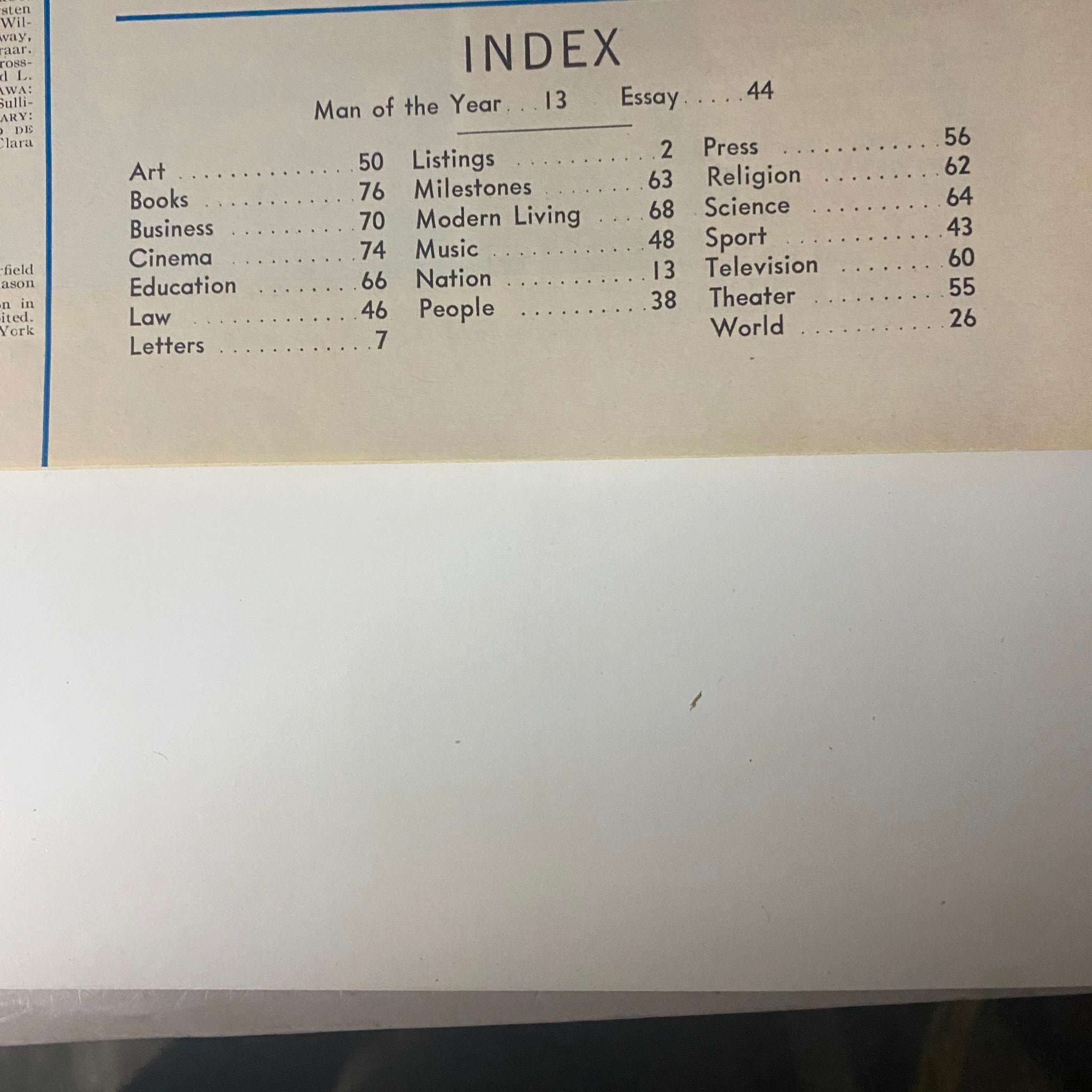 Index page of Time Magazine, January 5, 1968, listing the contents including 'Man of the Year,' features, and essays.