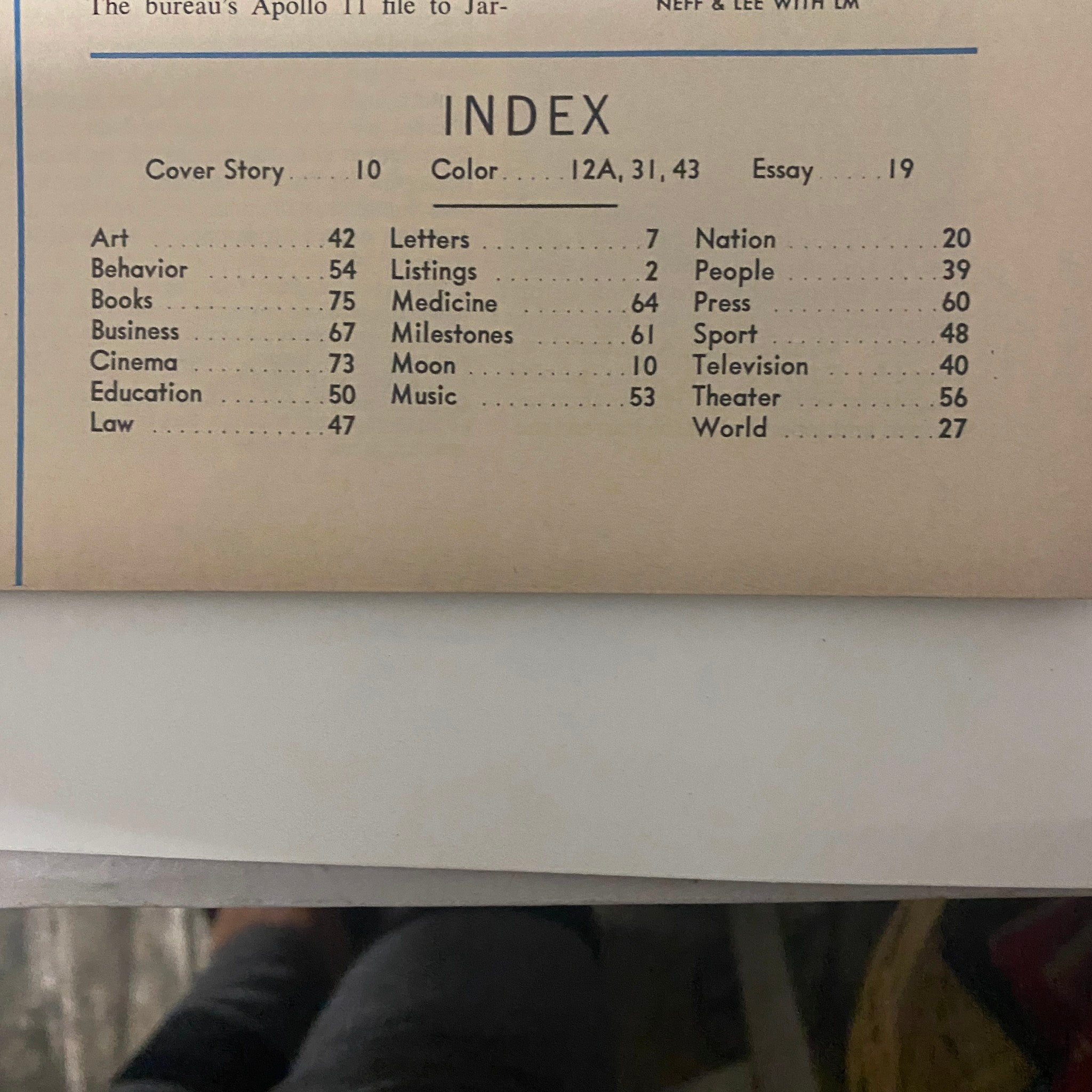 Index page of Time Magazine July 25, 1969, listing articles including the cover story 'Man on The Moon' along with various other topics such as art, education, and law.