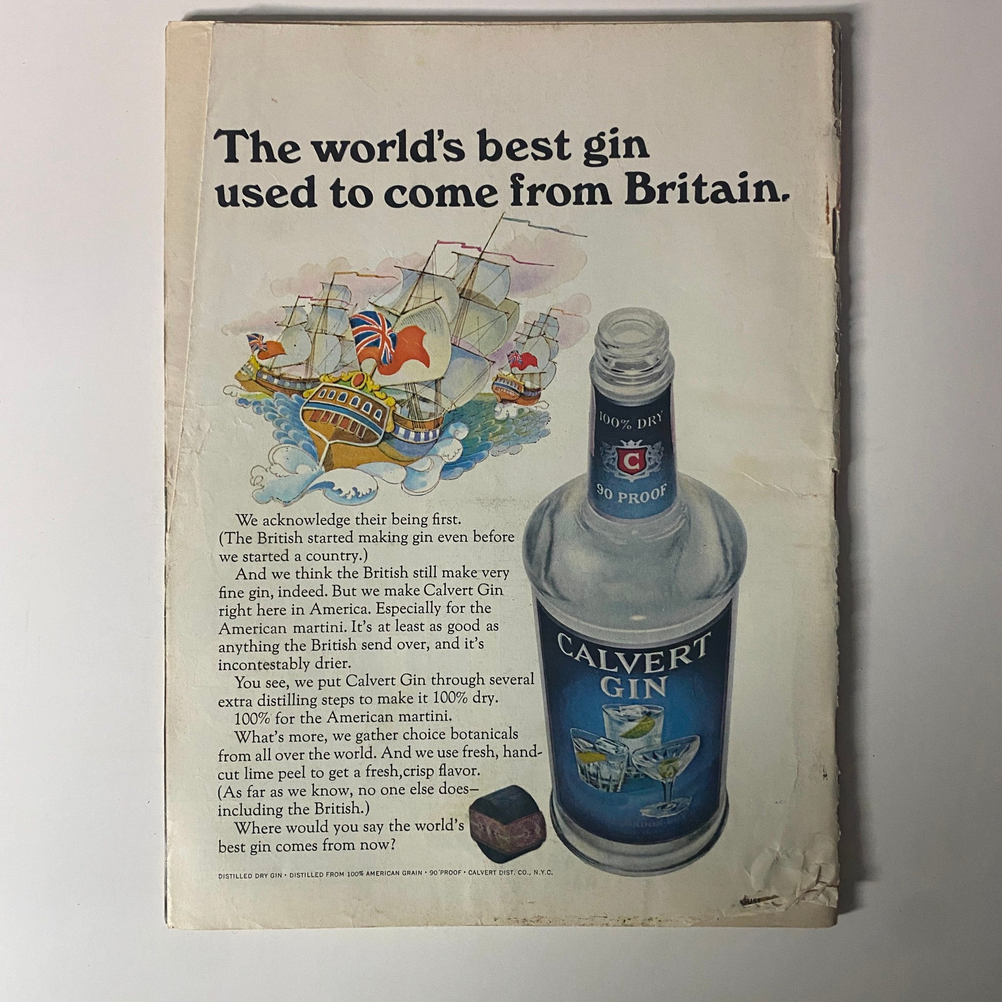 Advertisement for Calvert Gin on the back cover of Time Magazine, August 18, 1967, highlighting its quality and heritage.