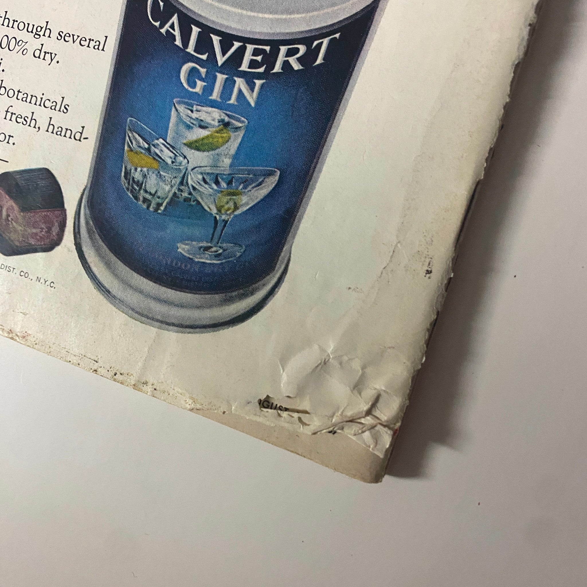 Close-up of the Calvert Gin advertisement from Time Magazine, August 18, 1967, showcasing the product and its cocktails.