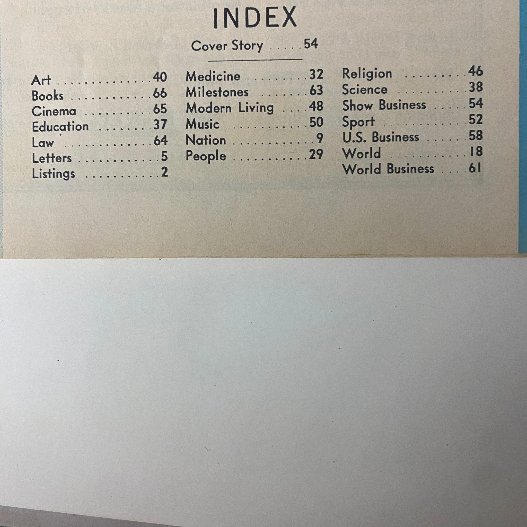Index page of Time Magazine September 1, 1967, Vol 90 No. 9 featuring key topics including Art, Cinema, Education, and U.S. Business.