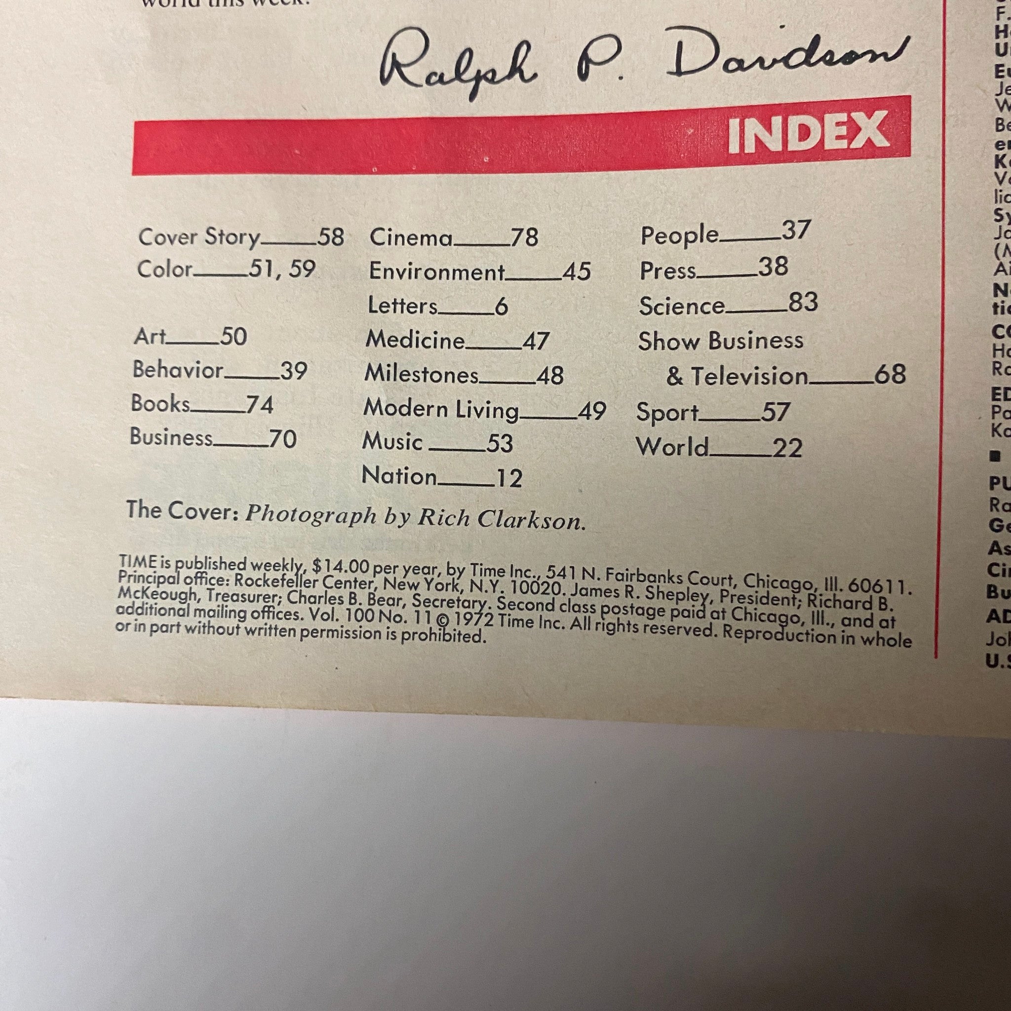 Index page from Time Magazine September 11, 1972 featuring various article highlights including Cover Story, Cinema, Environment, Medicine, and more, celebrating Mark Spitz, an Olympian wave of records.