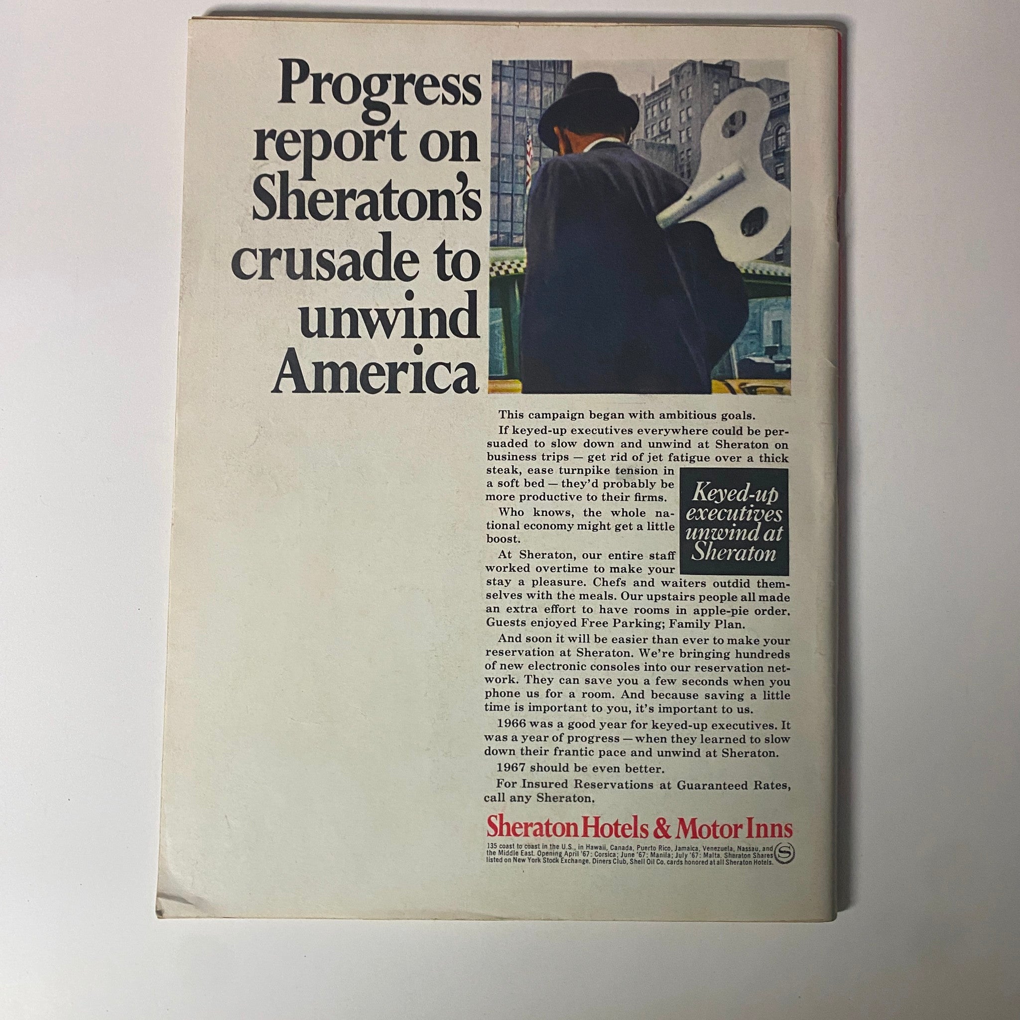 Back cover of Time Magazine January 27, 1967, featuring an advertisement for Sheraton Hotels, promoting relaxation and travel amidst the environmental discussions in 'The Polluted Air of Los Angeles' issue.