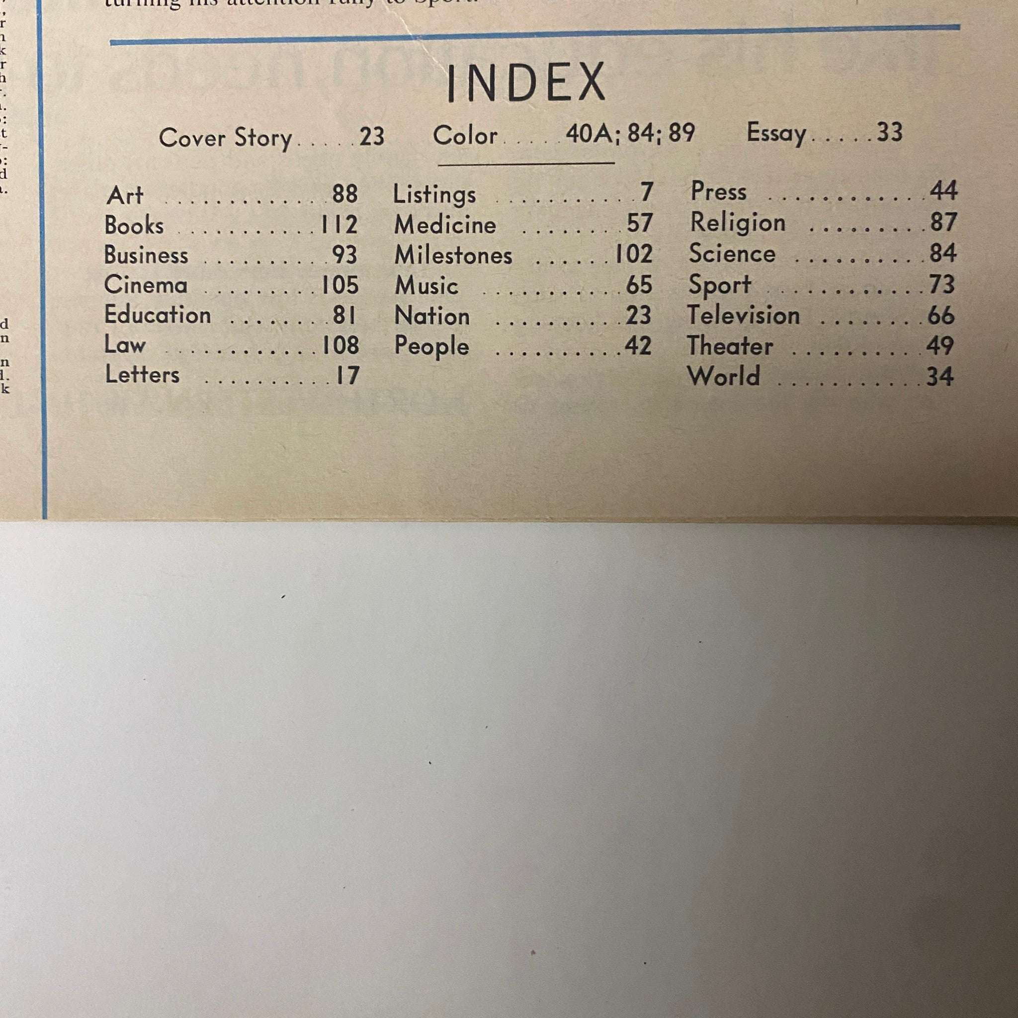 Index page of Time Magazine November 17, 1967, detailing various sections including 'Art', 'Books', 'Business', and 'Politics', reflecting the content of this historic issue.