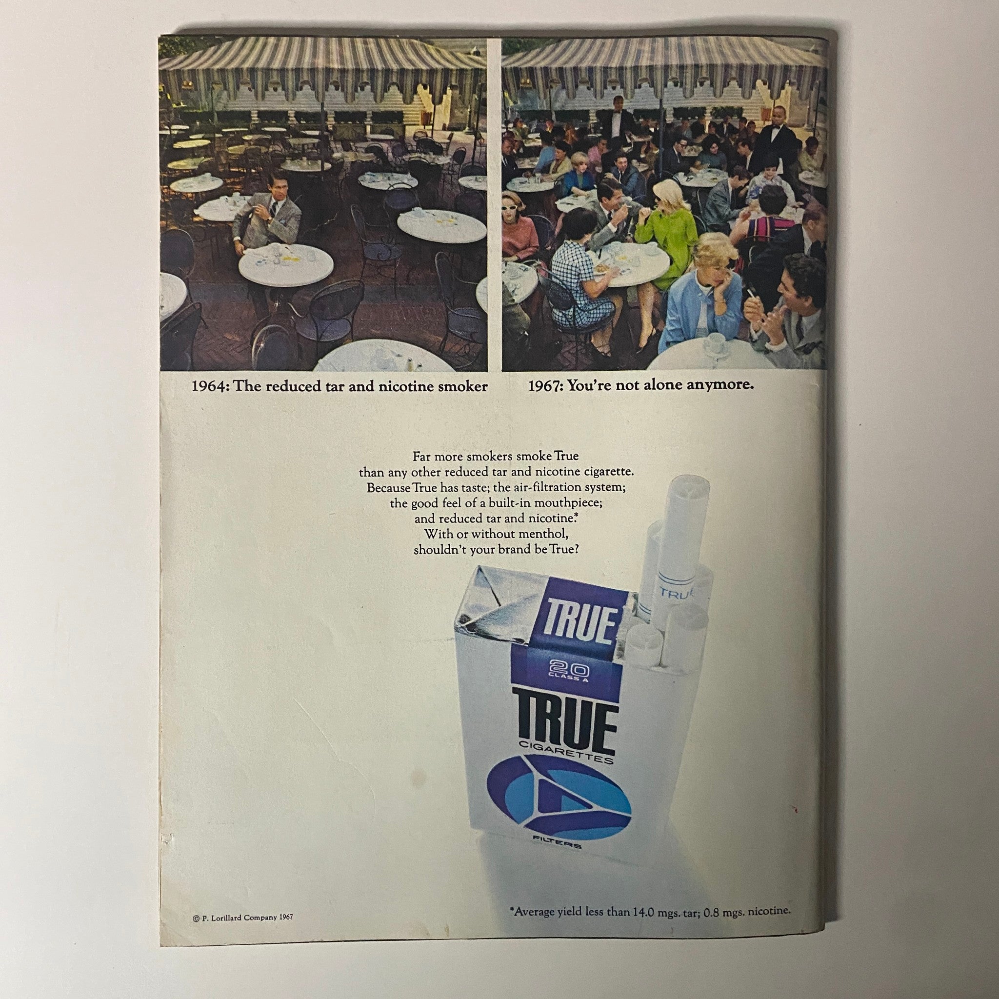 Advertisement from Time Magazine November 10, 1967, showcasing two contrasting images of smoking culture between 1964 and 1967, promoting True Cigarettes with a slogan emphasizing social connection.