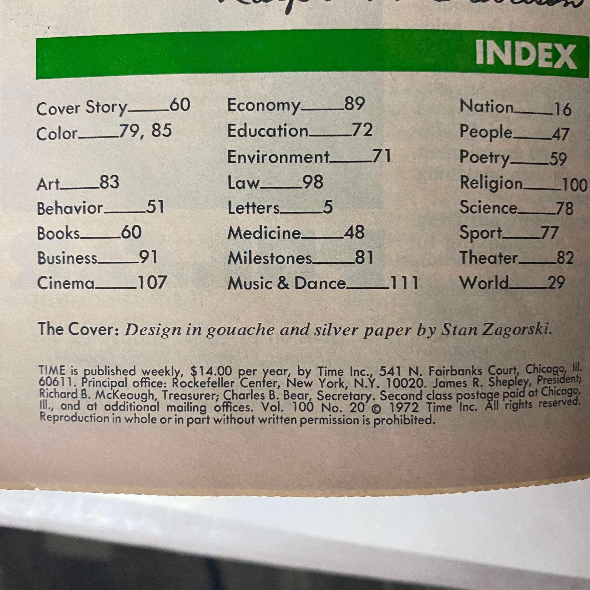 Index page of Time Magazine's November 13, 1972 issue providing an overview of topics covered, including literature, economy, and politics, highlighting the magazine's extensive range of insights.