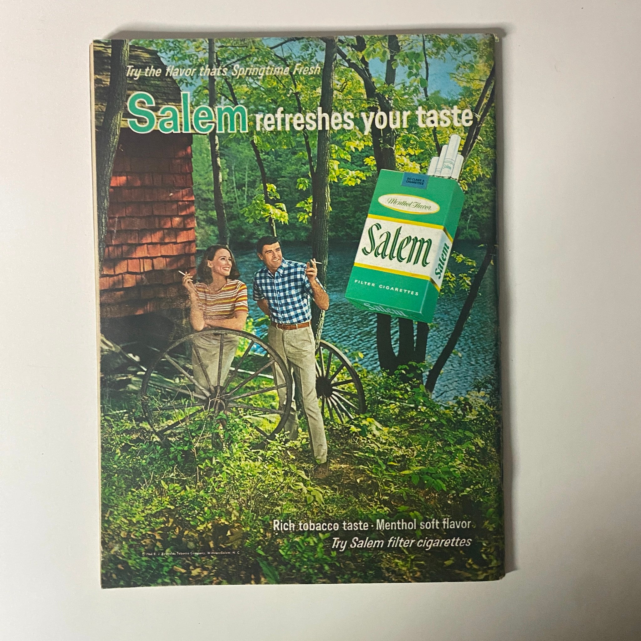 Vintage advertisement for Salem cigarettes highlighting fresh taste, featuring a man and woman in a natural outdoor setting.