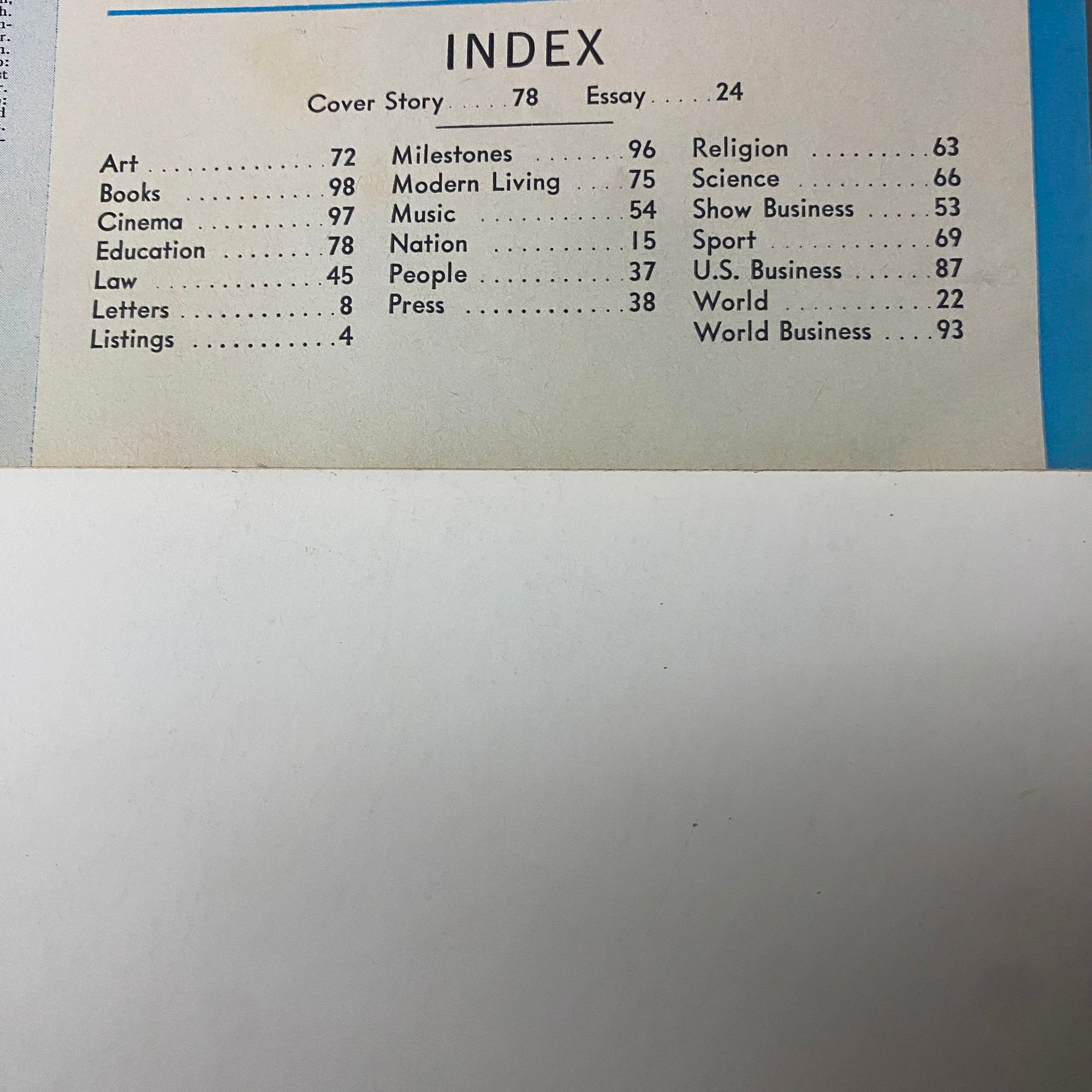 Index page from the June 23, 1967 issue of Time Magazine, listing notable sections including art, cinema, and education, which correlate with Yale President Kingman Brewster Jr.'s featured article.