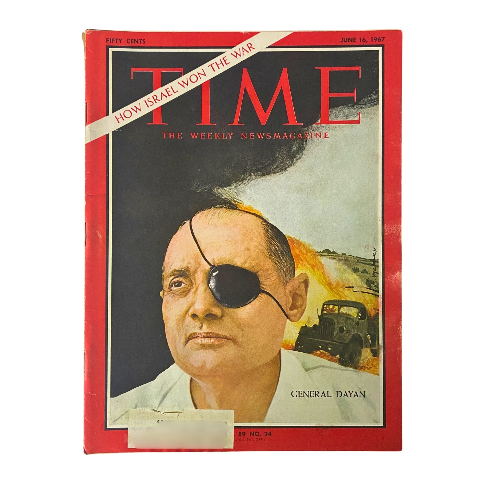 Cover of Time Magazine June 16, 1967 featuring General Moshe Dayan, Israel's Minister of Defense, with the headline 'How Israel Won the War'. The image showcases Dayan's iconic look with an eyepatch, set against a backdrop of military scenes.