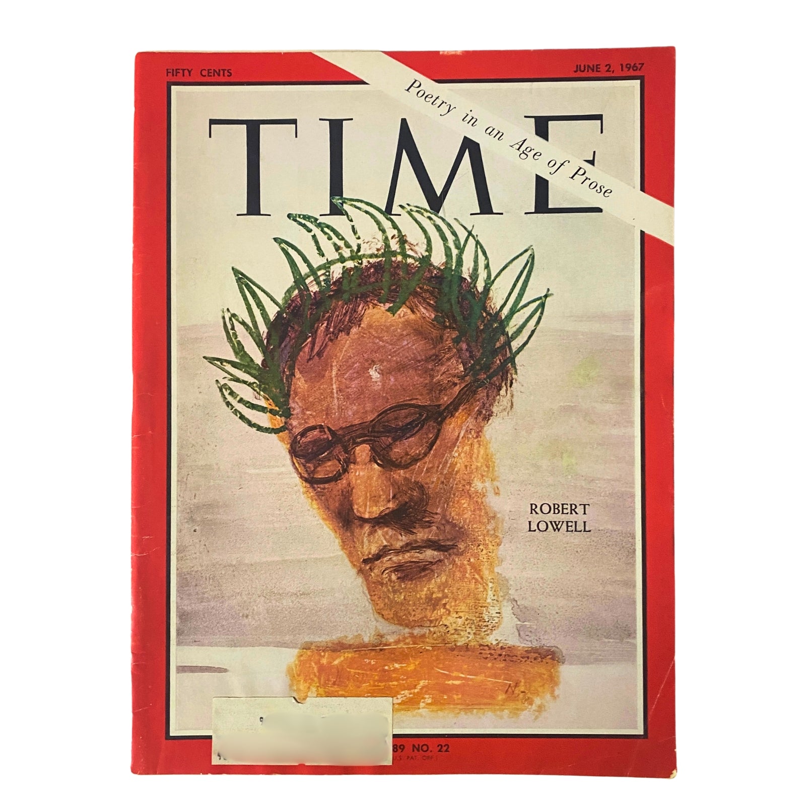 Cover of Time Magazine June 2, 1967, Vol 89 No. 22 featuring Robert Lowell, showcasing the theme 'Poetry in an Age of Prose' with vibrant artistic elements.