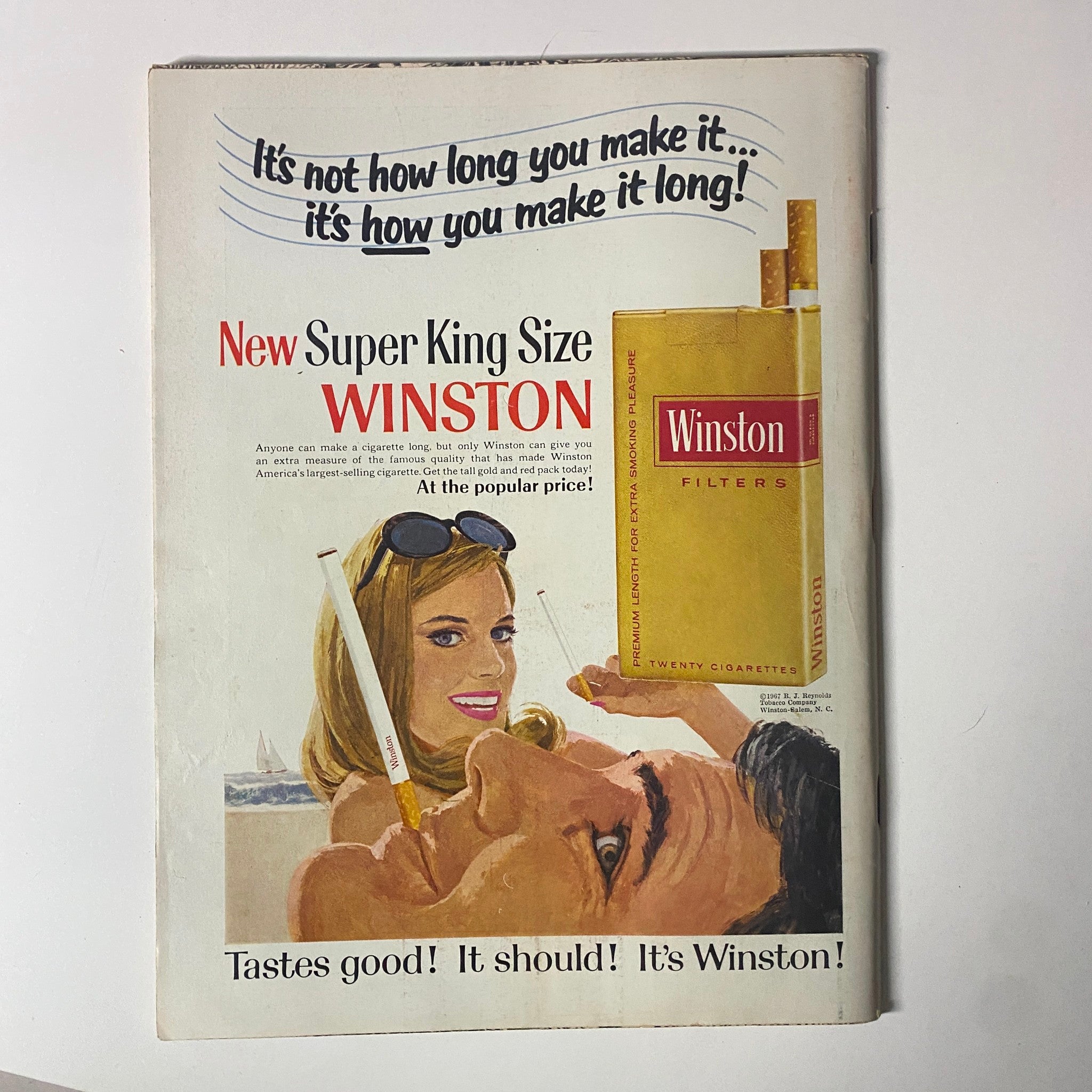 Back cover advertisement for Winston cigarettes in Time Magazine June 2, 1967, Vol 89 No. 22, featuring a woman promoting the Super King Size Winston cigarette.