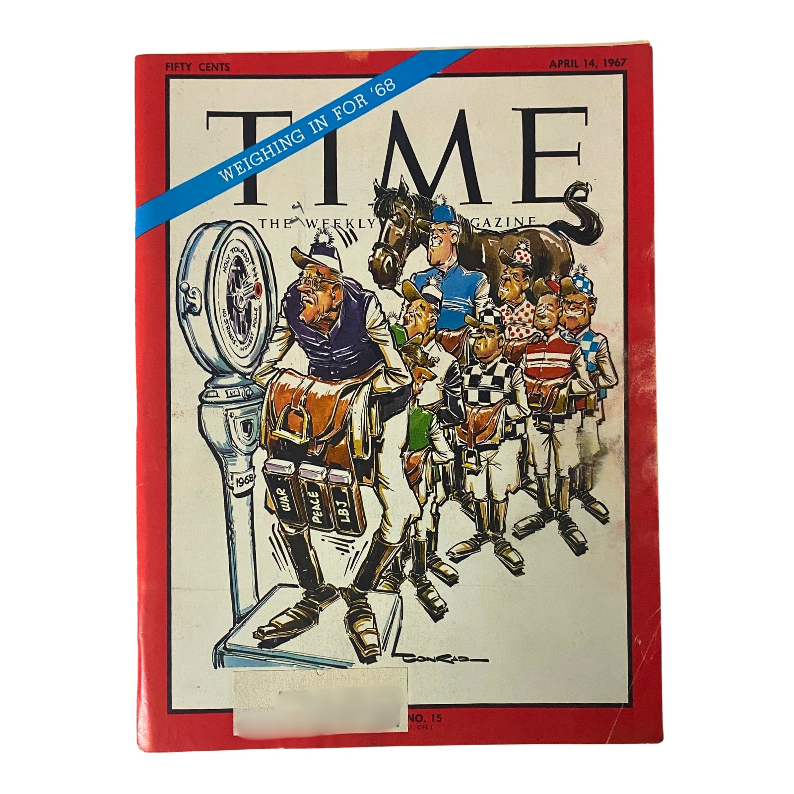 Time Magazine cover from April 14, 1967, titled 'Weighing in for 1968', featuring an illustration of various politicians depicted as horse racers at a scale, reflecting the political landscape leading up to the 1968 U.S. Presidential Election.