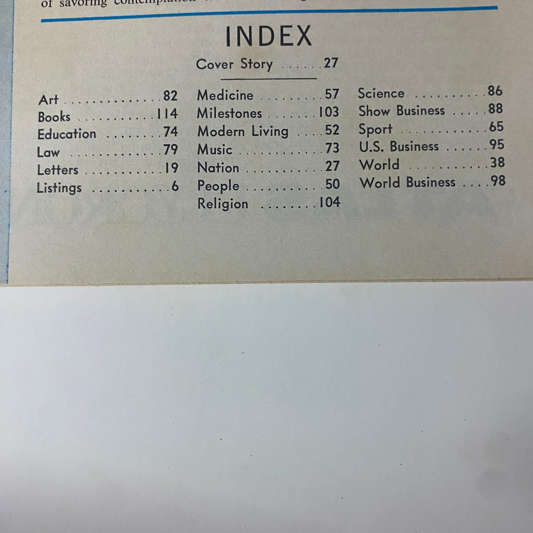 Index page from Time Magazine April 14, 1967 featuring sections on Art, Books, Education, and more, relevant to the issue's cover story 'Weighing in for 1968'.